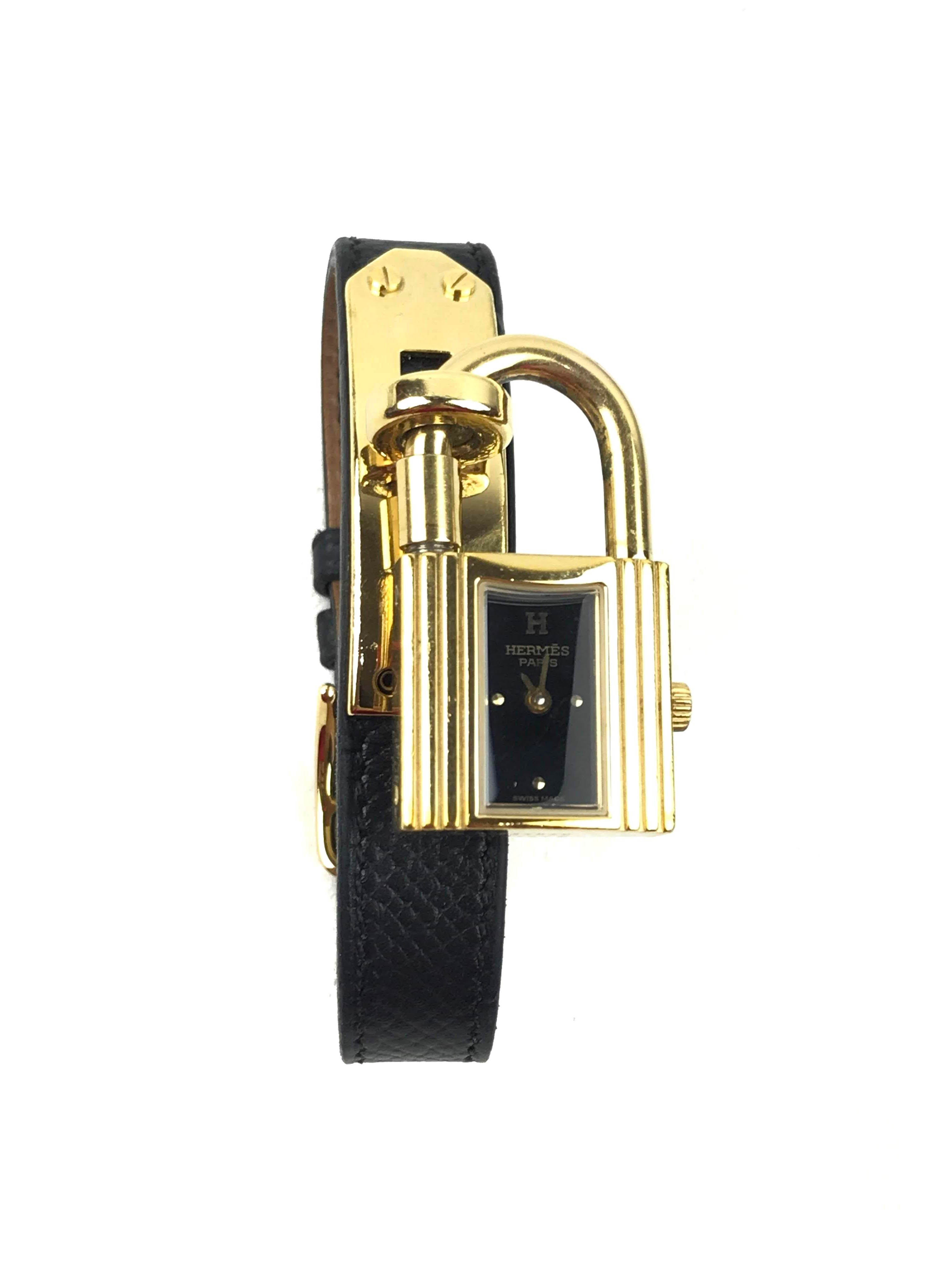 Black Epsom Leather Yellow-Gold Plated Kelly Watch W/ Black Dial