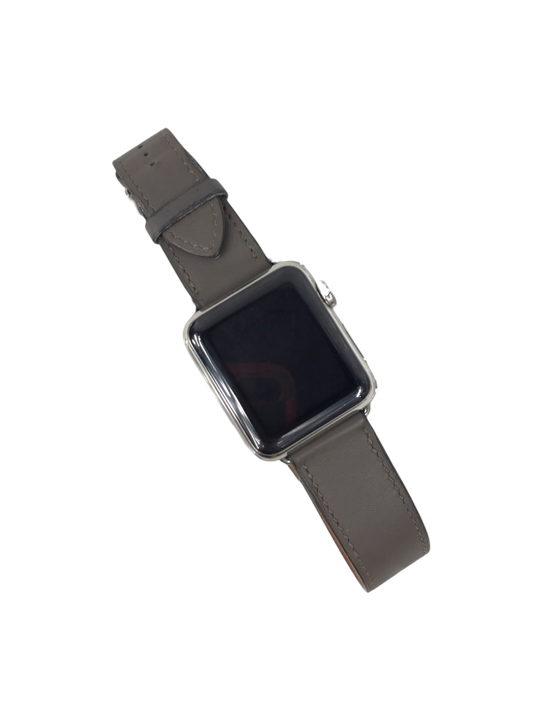 Stainless Steel Apple Watch 1st GEN 2/3 SERIES w/ Etoupe Leather Double Tour Strap w/PHW