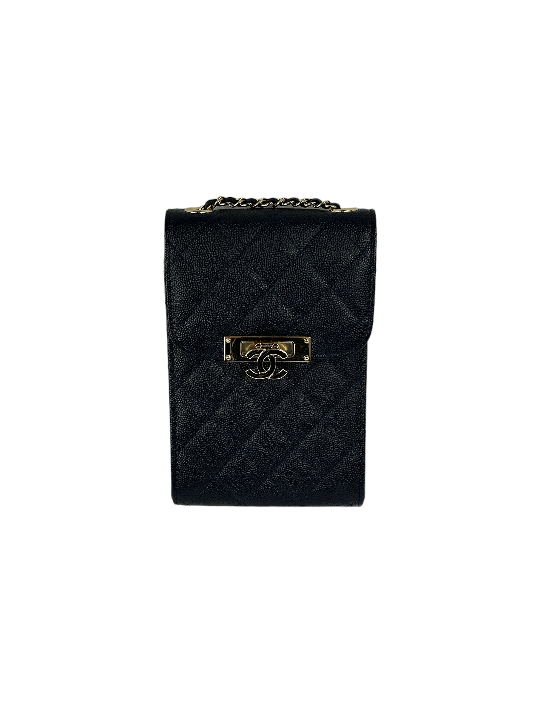 Navy Quilted Caviar Leather Golden Class Phone Holder w/LGHW