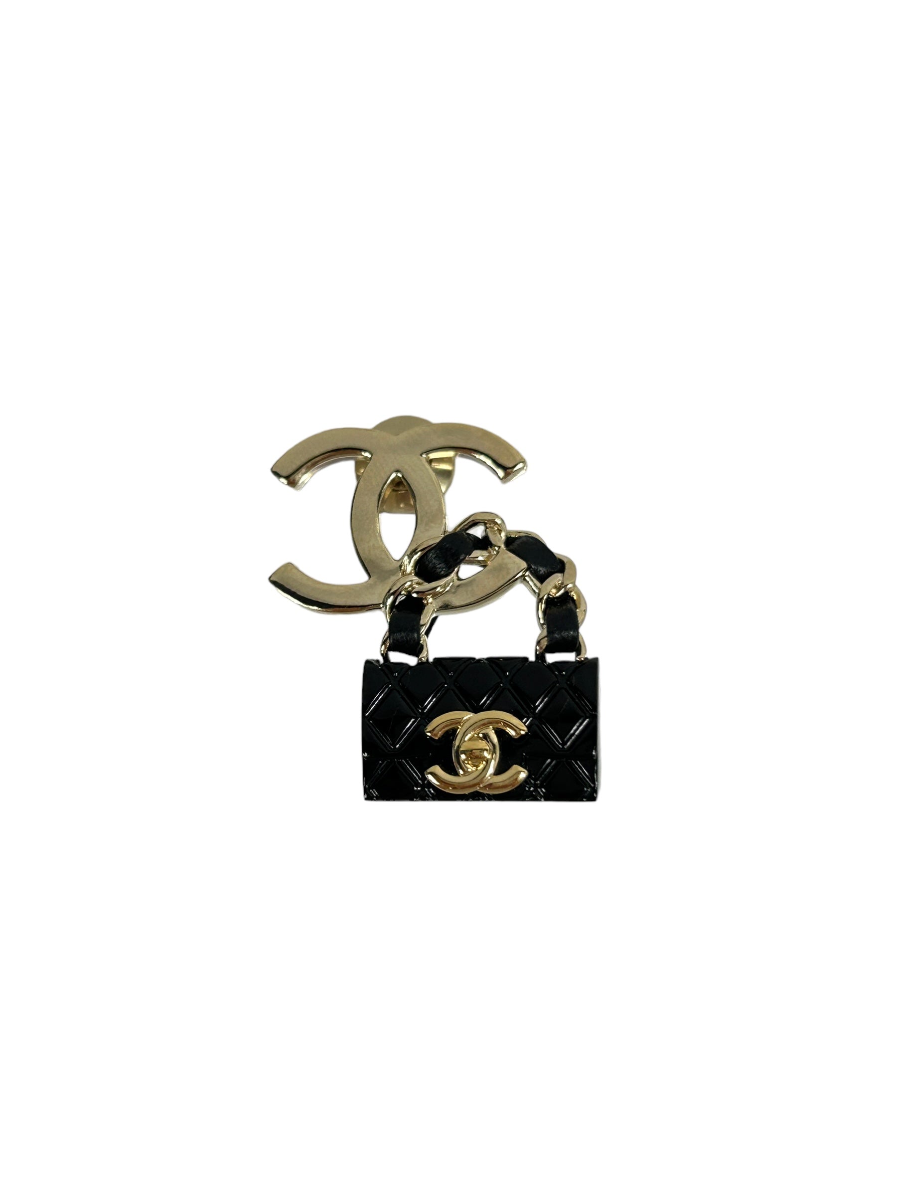CC Gold /Black Enamel Mini Purse Brooch w/GHW