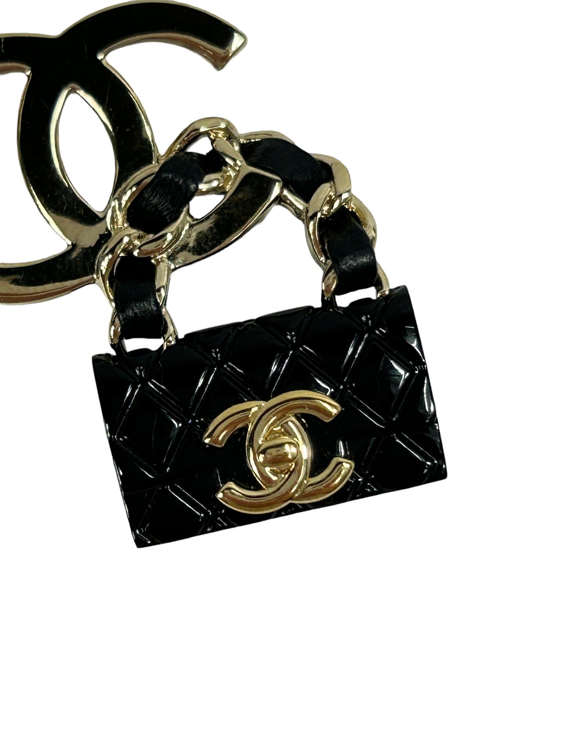 CC Gold /Black Enamel Mini Purse Brooch w/GHW