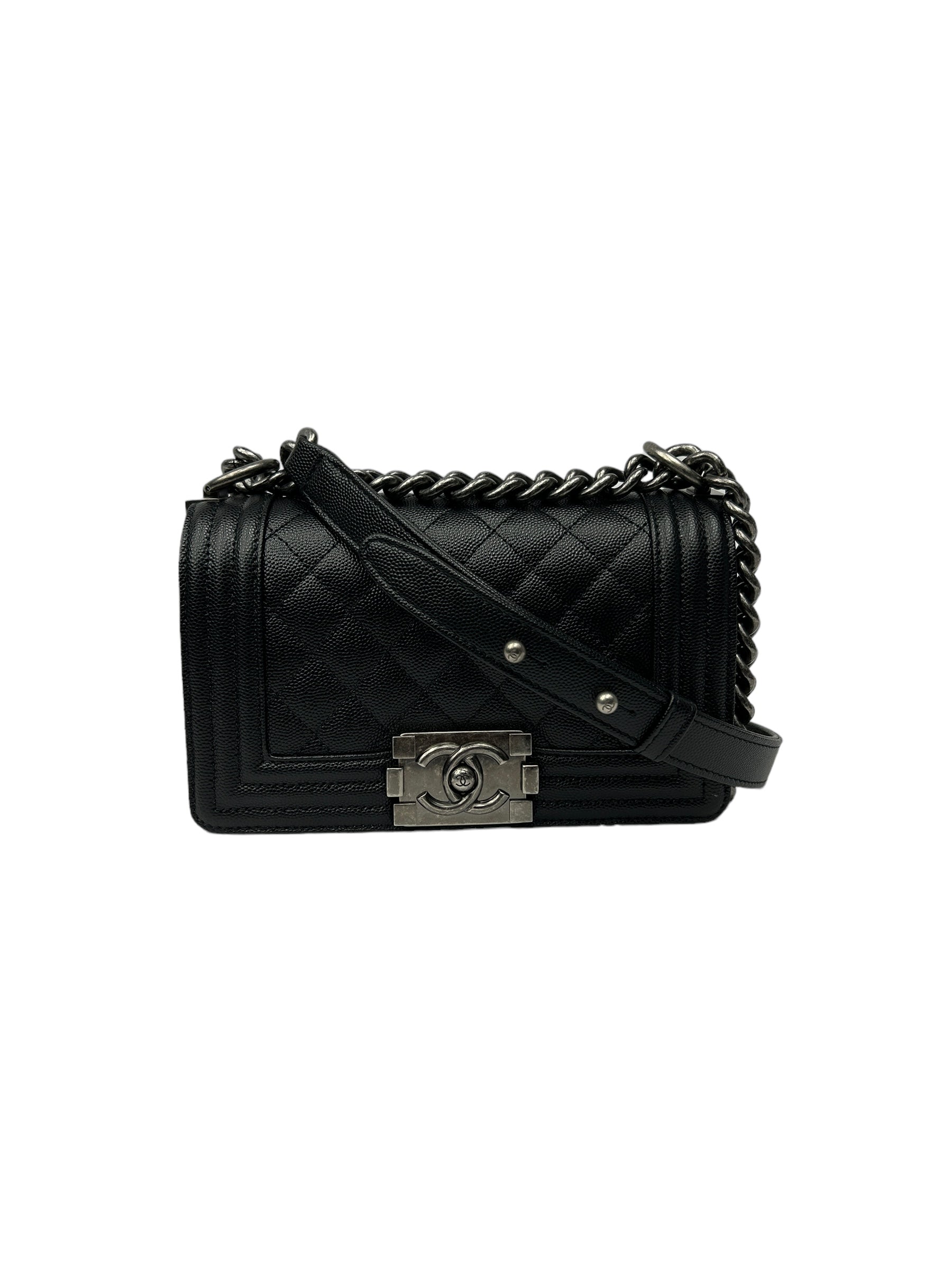 Black Caviar Quilted Small Boy Flap Bag w/RHW