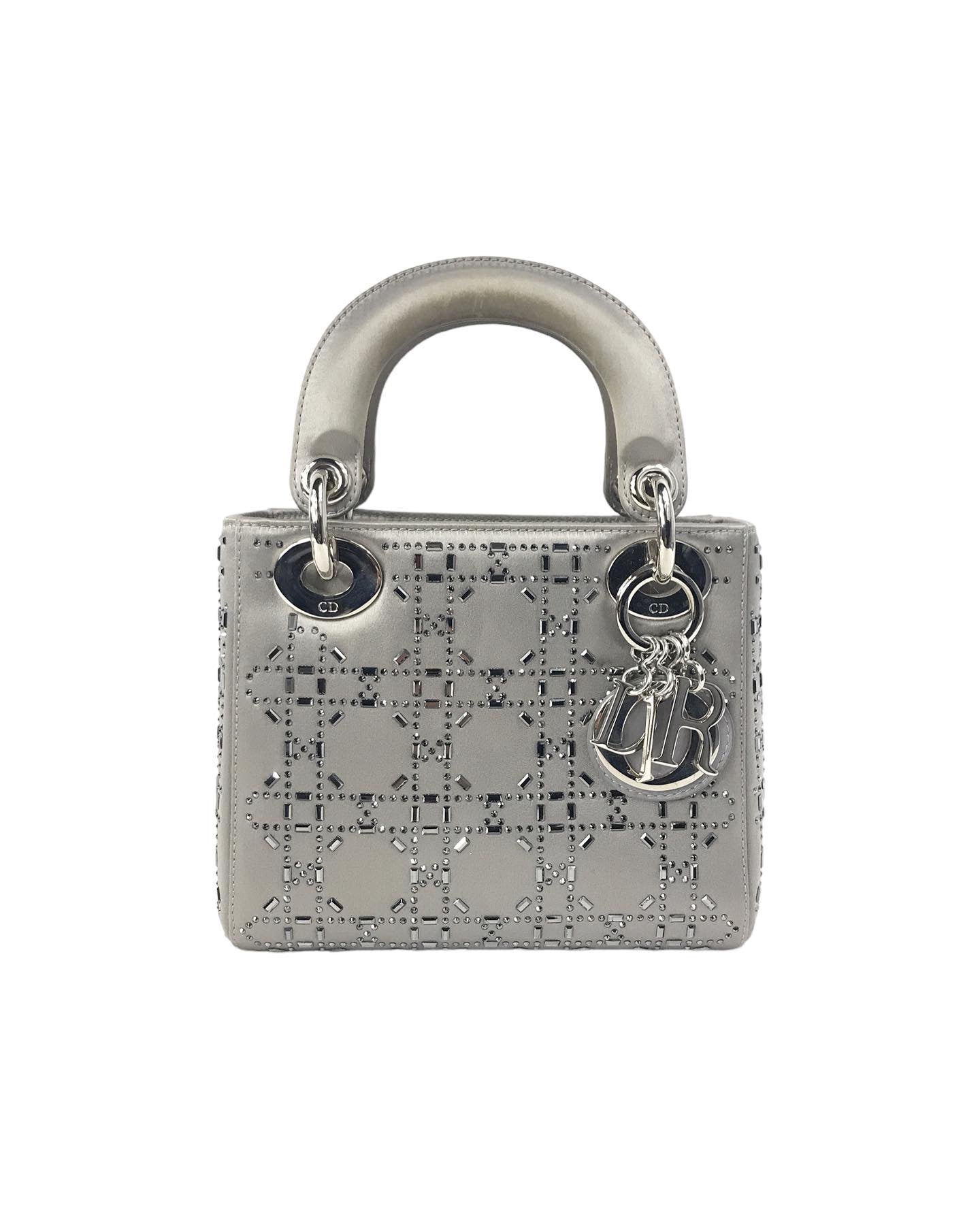 Grey Satin Crystal Cannage Mini Lady Dior w/SHW