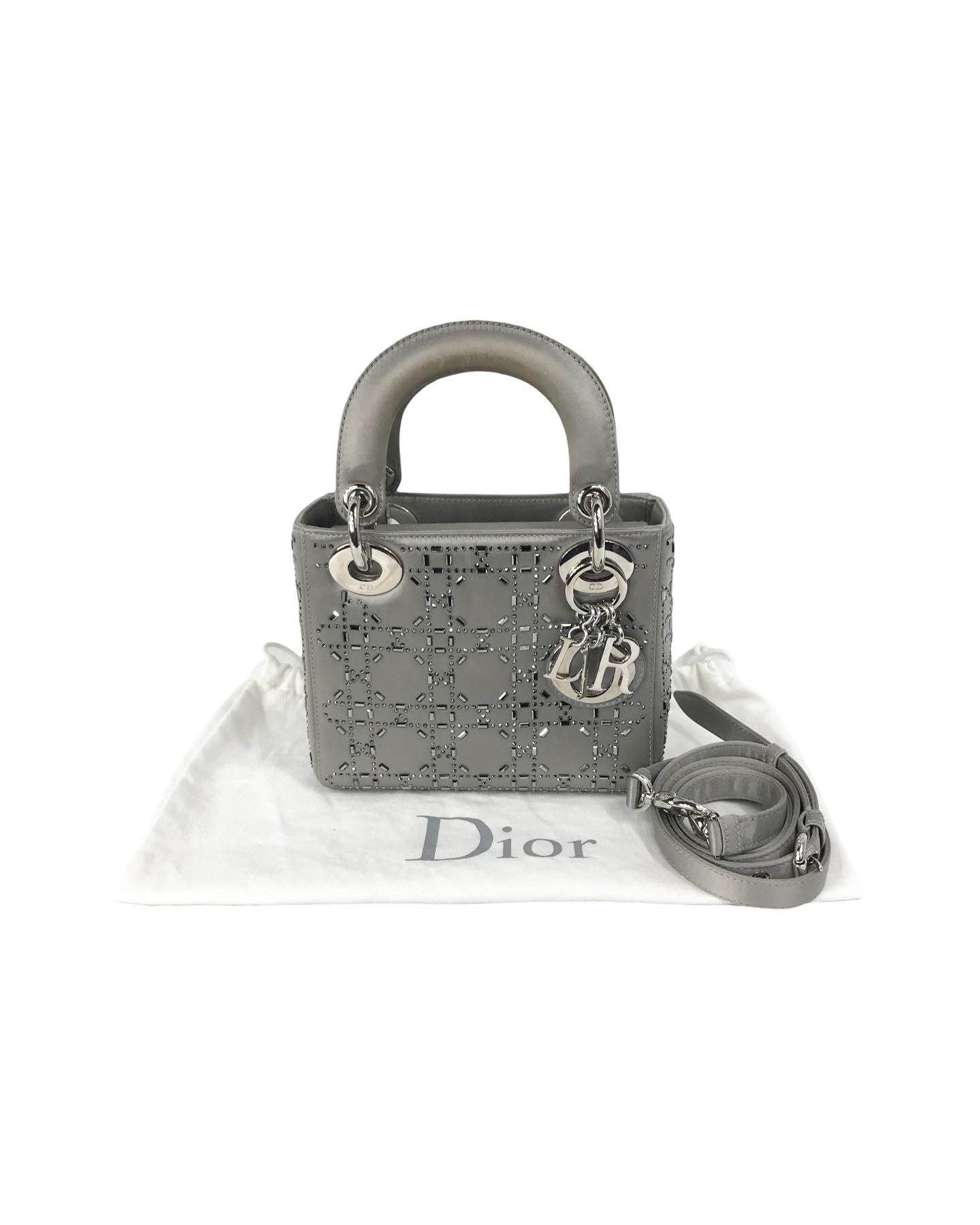 Grey Satin Crystal Cannage Mini Lady Dior w/SHW