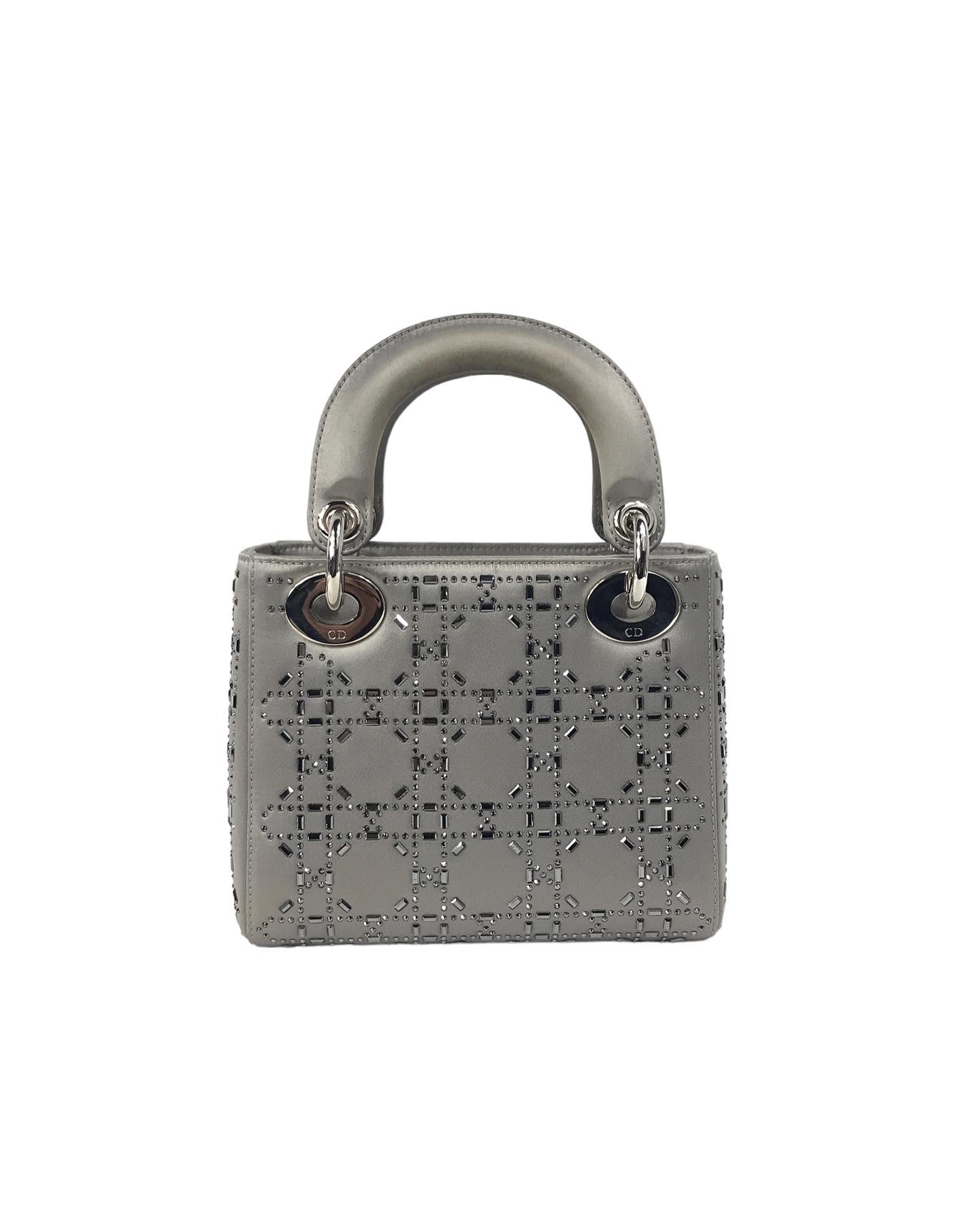 Grey Satin Crystal Cannage Mini Lady Dior w/SHW