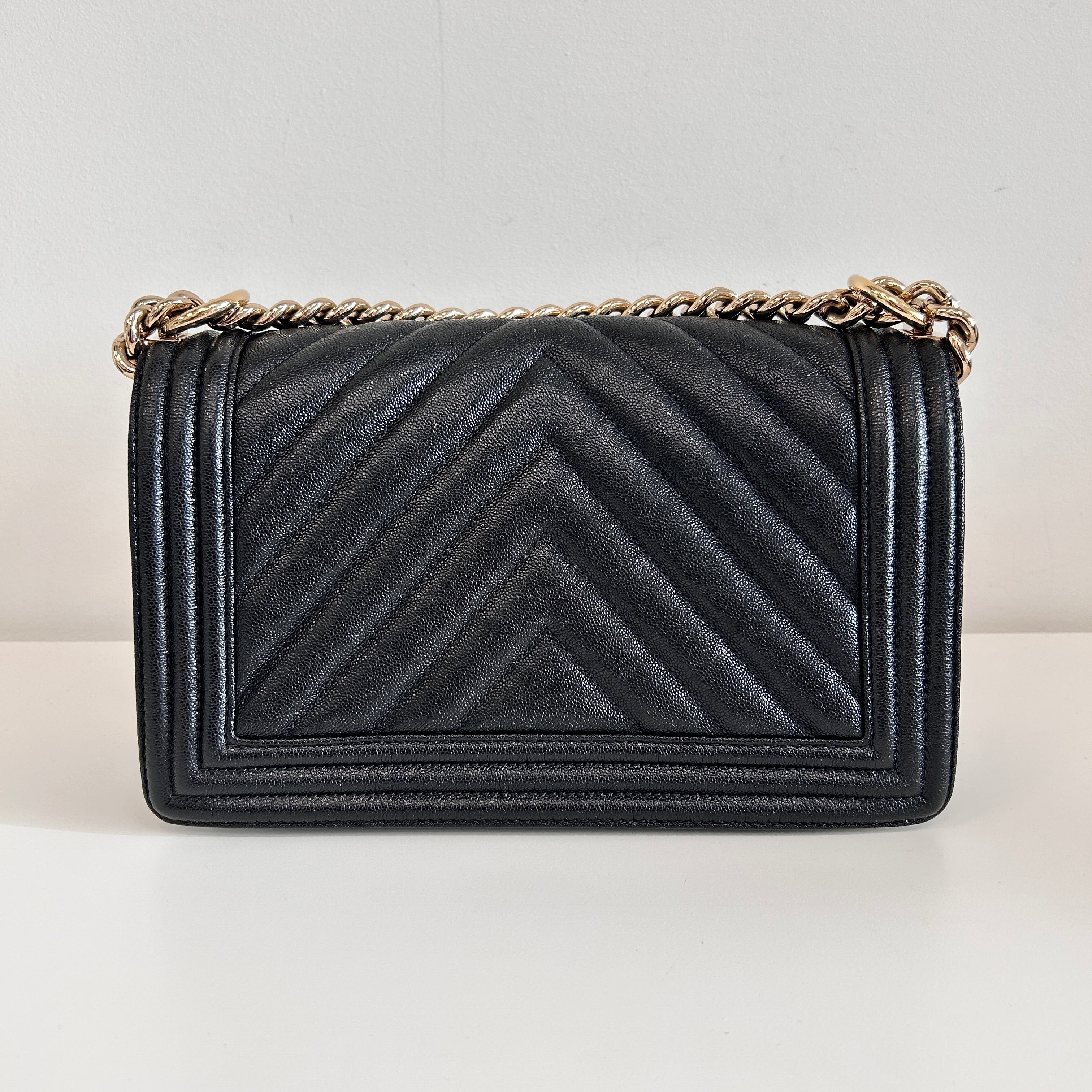 Black Caviar Chevron Old Medium Boy Bag w/LGHW