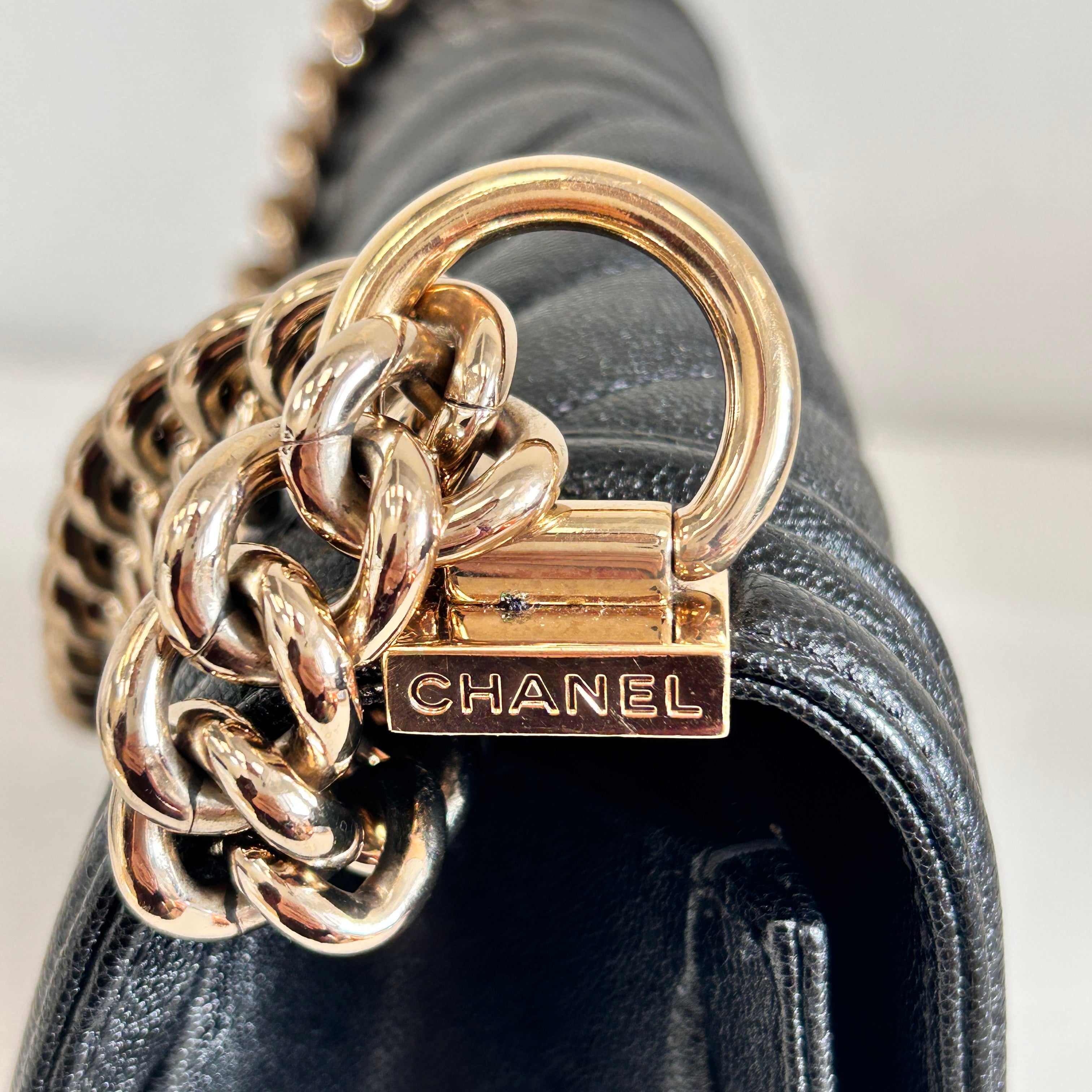 Black Caviar Chevron Old Medium Boy Bag w/LGHW