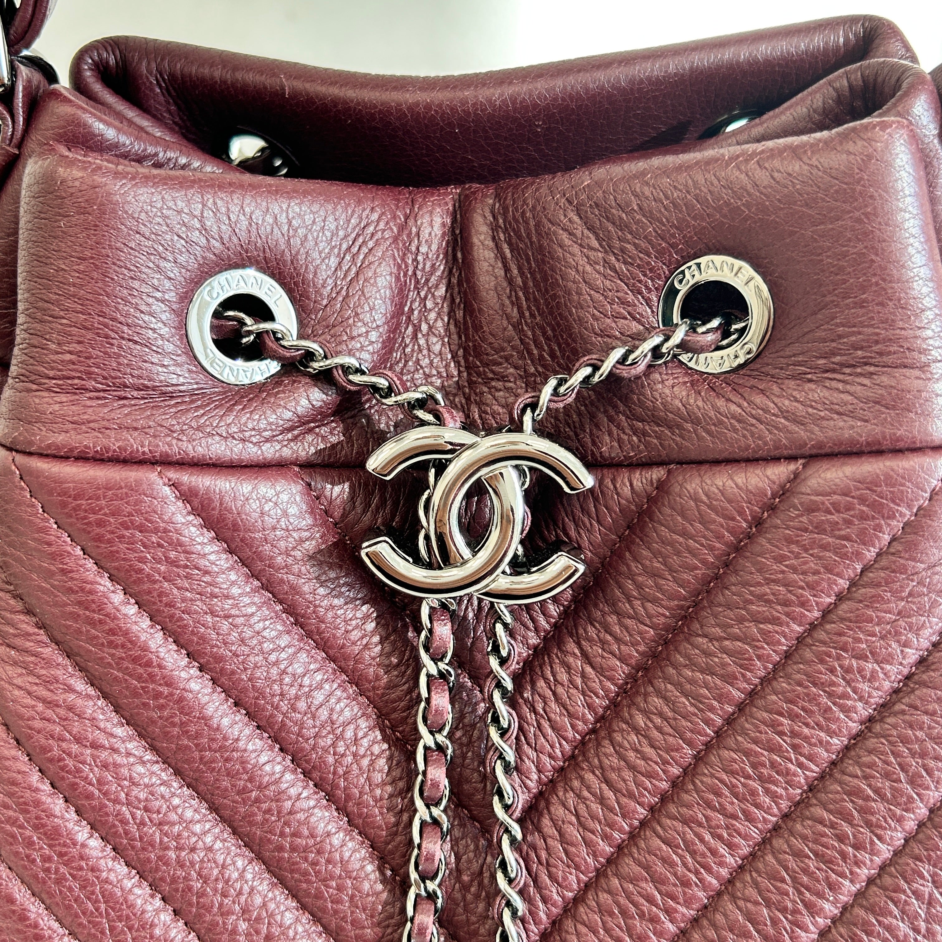 Burgundy Deerskin Small Chain Bucket Bag w/SHW