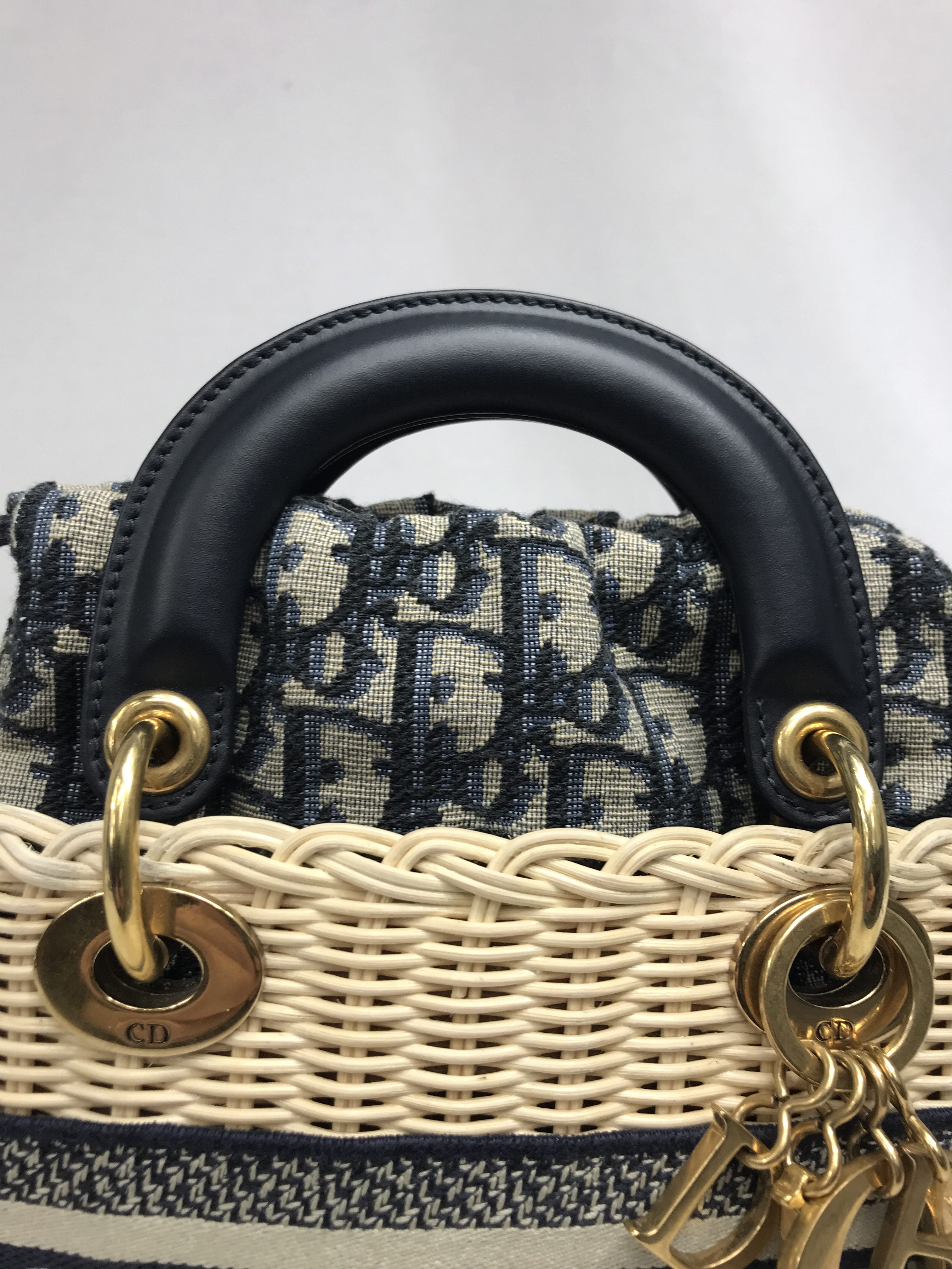 Natural Wicker & Blue Dior Oblique Jacquard Mini Lady Dior W/AGHW