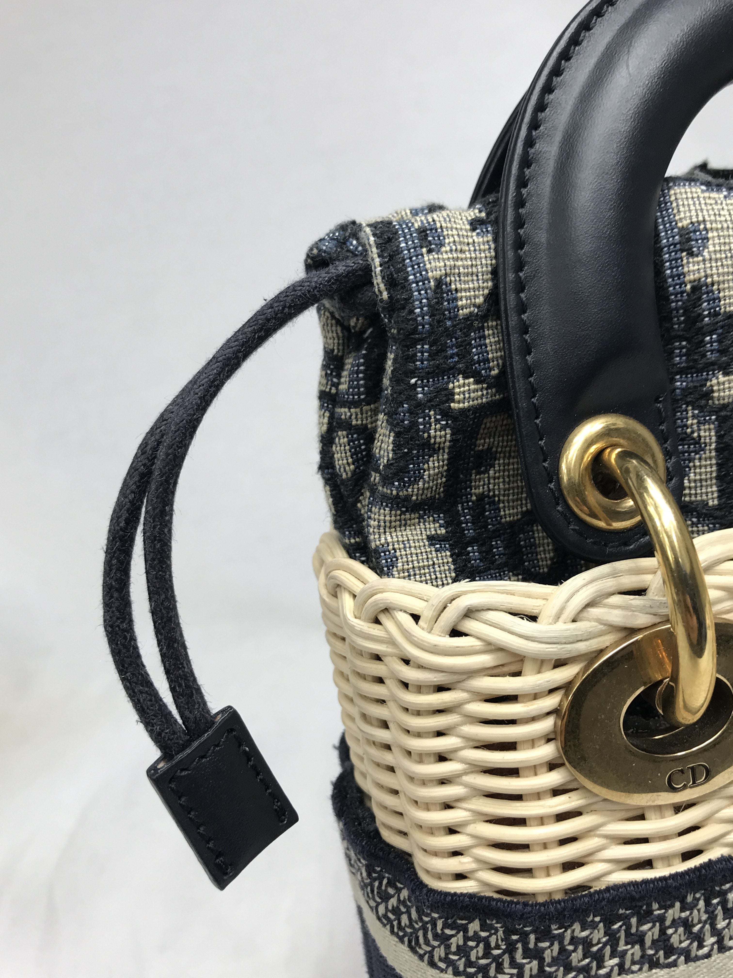 Natural Wicker & Blue Dior Oblique Jacquard Mini Lady Dior W/AGHW