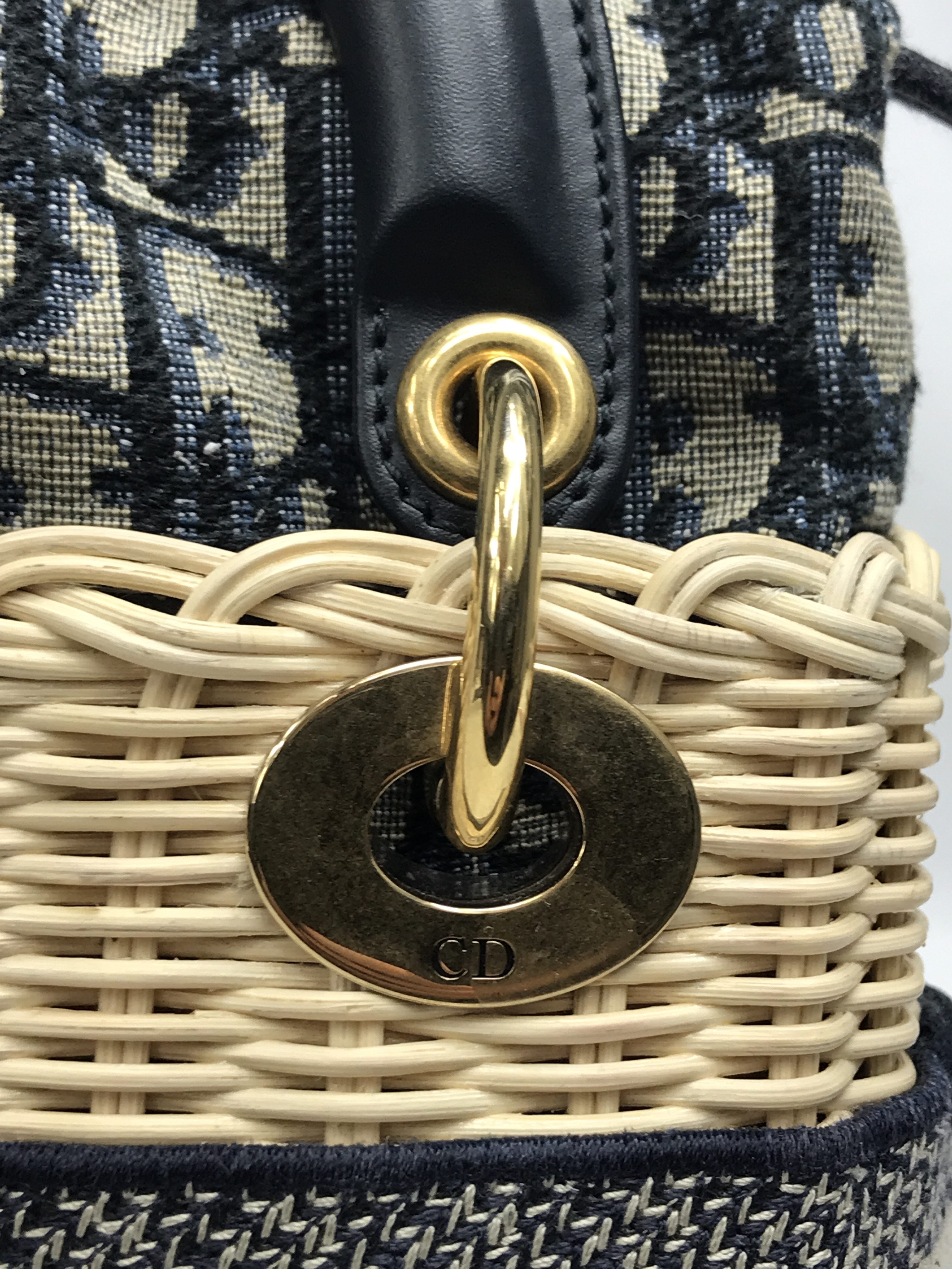 Natural Wicker & Blue Dior Oblique Jacquard Mini Lady Dior W/AGHW