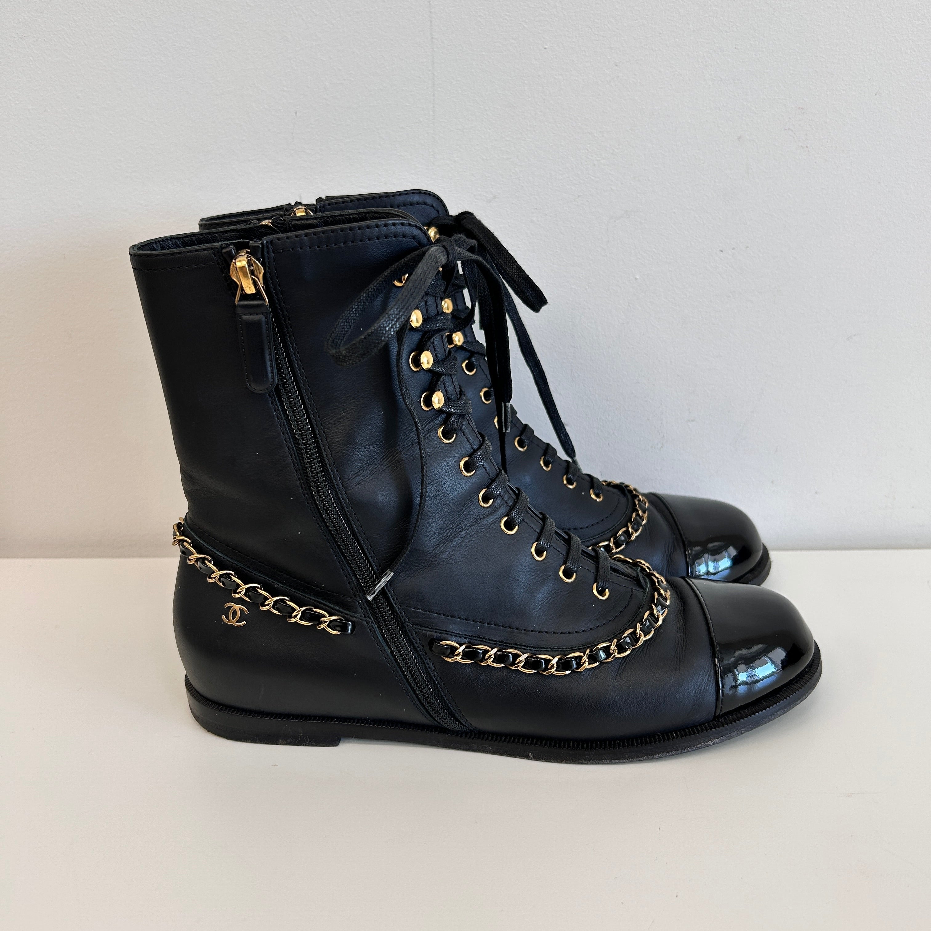 Black Chain All Detail Lace Up Boots w/Zipper Closure
