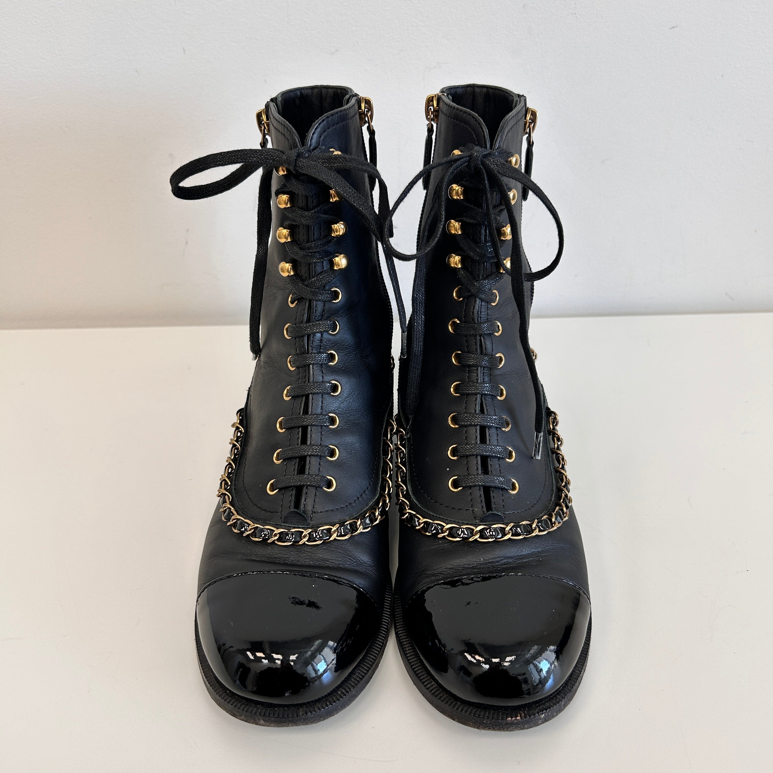 Black Chain All Detail Lace Up Boots w/Zipper Closure