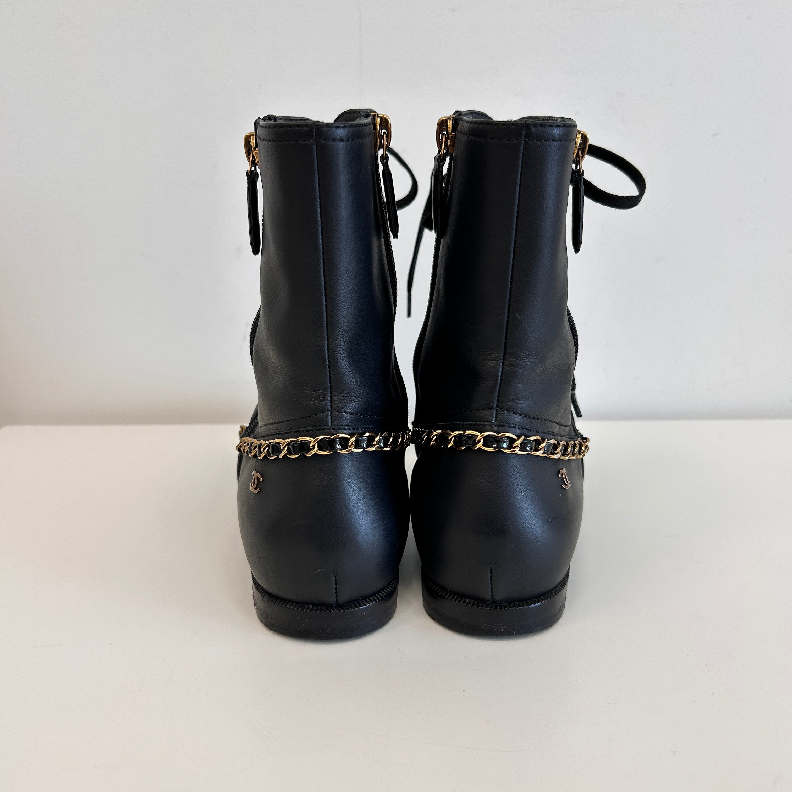 Black Chain All Detail Lace Up Boots w/Zipper Closure