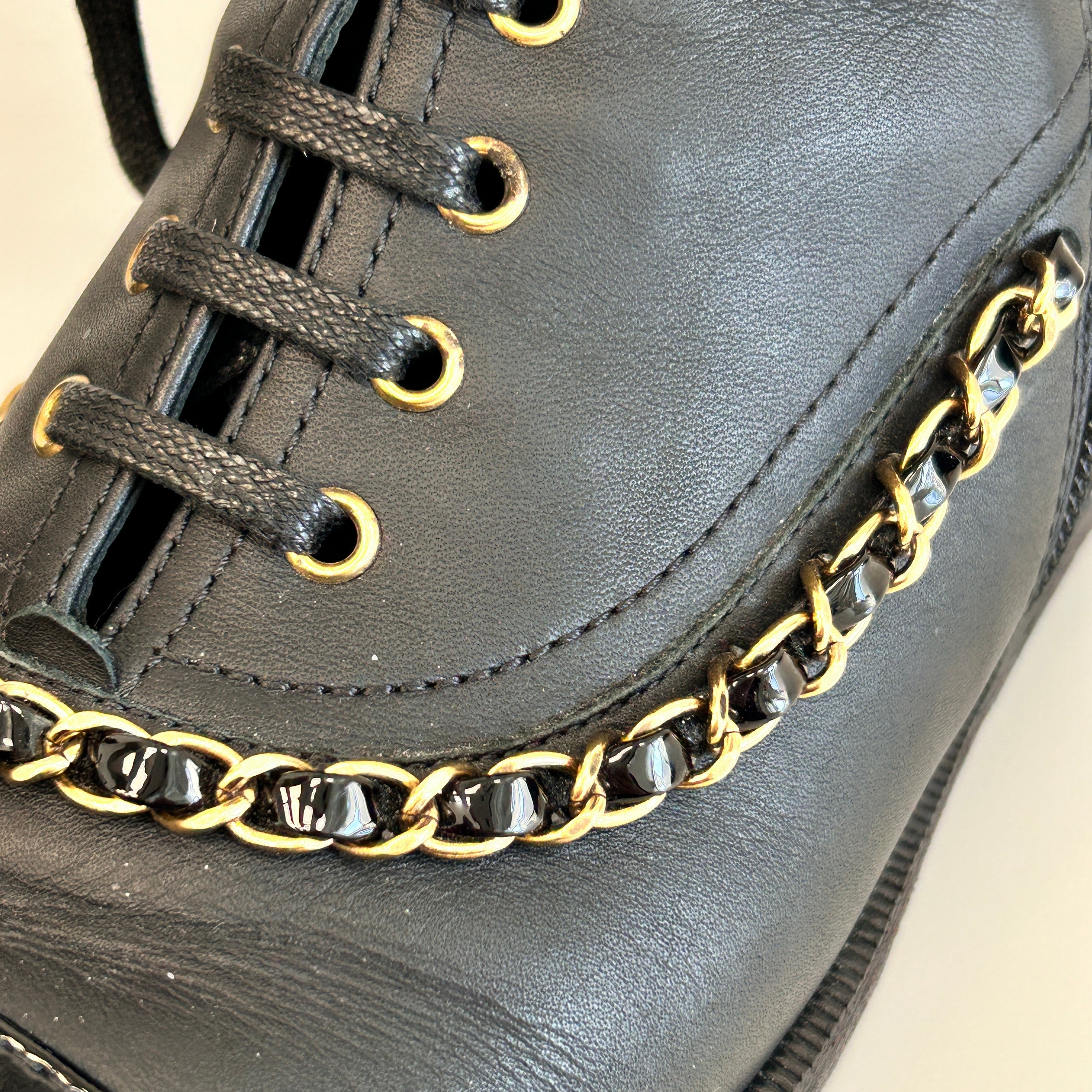 Black Chain All Detail Lace Up Boots w/Zipper Closure