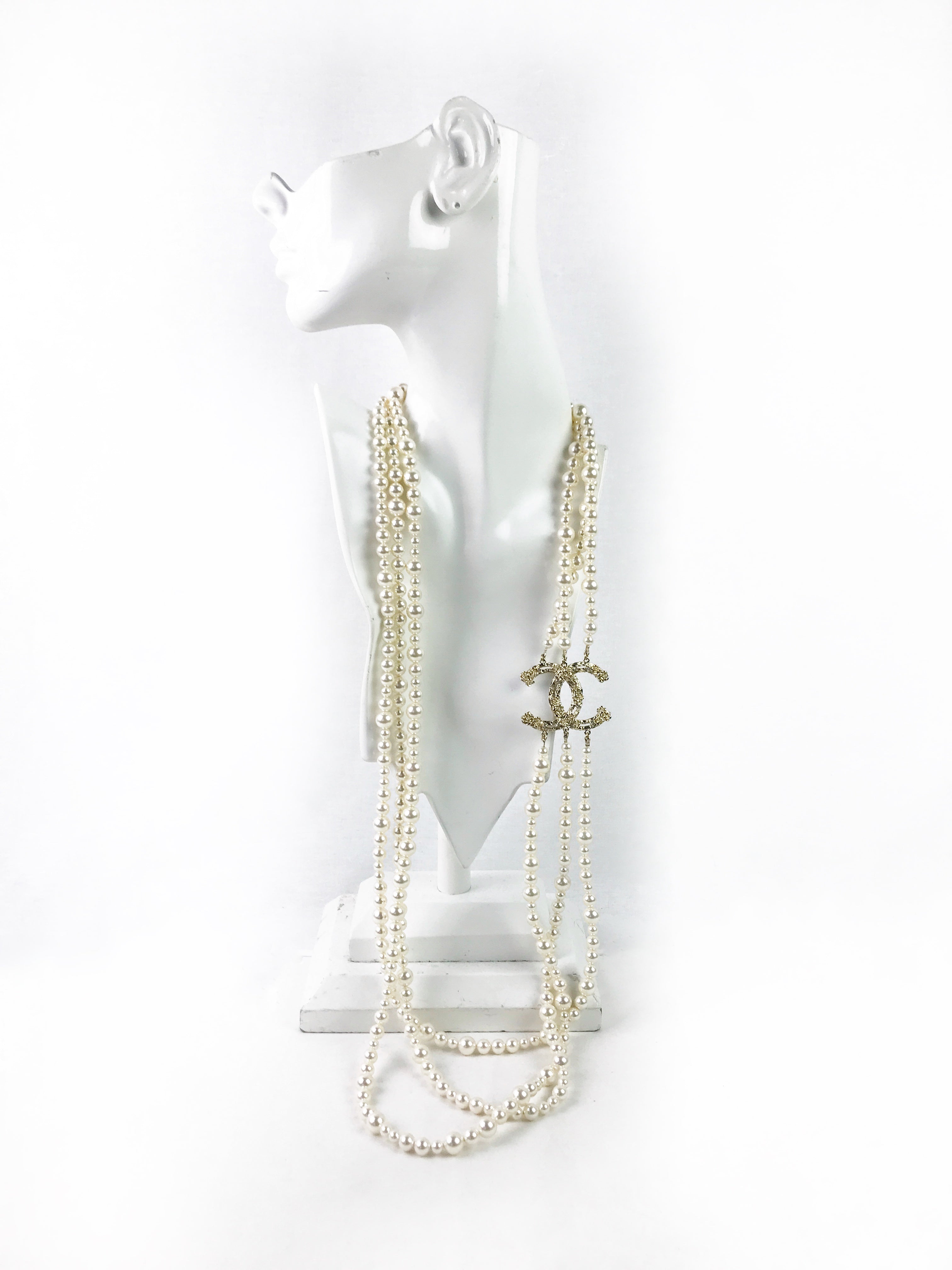 22C Gold CC 3-Strand Long Pearl Necklace