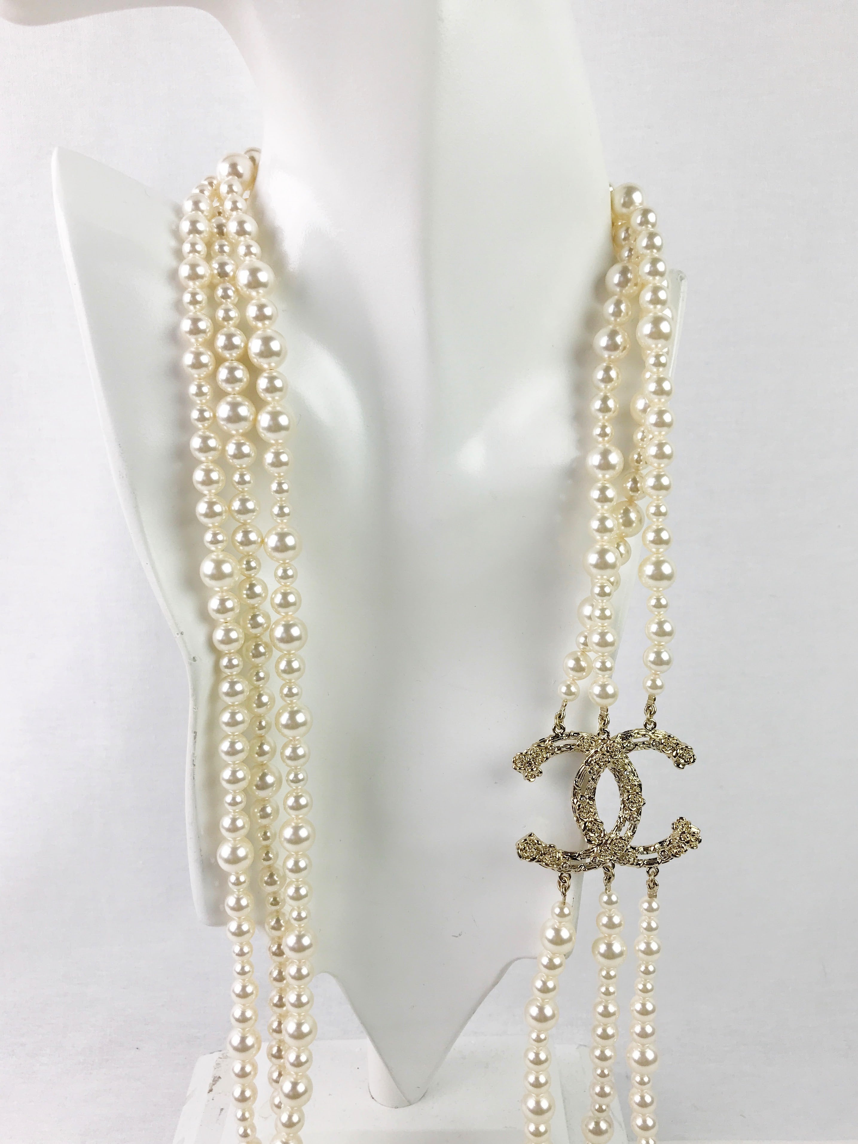 22C Gold CC 3-Strand Long Pearl Necklace