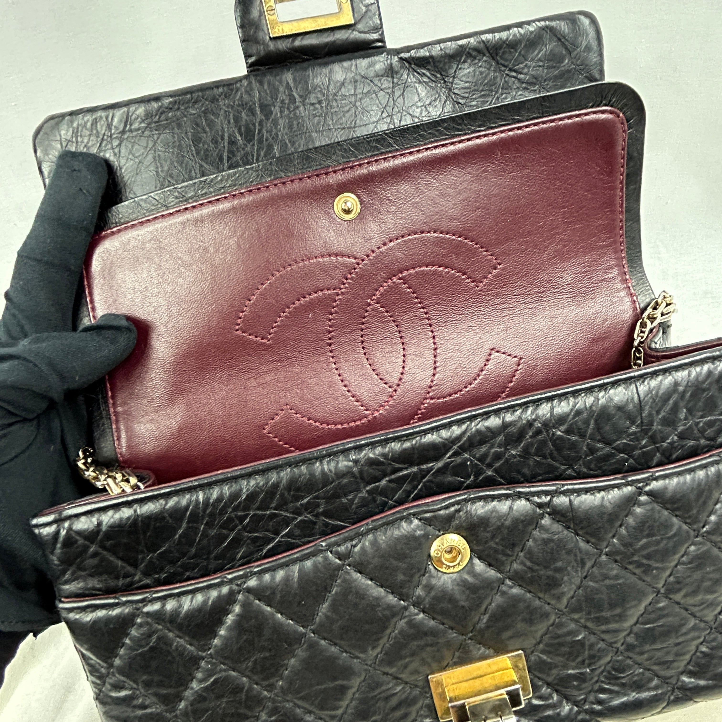 Black Aged Calfskin Reissue 225 Double Flap Bag w/AGHW
