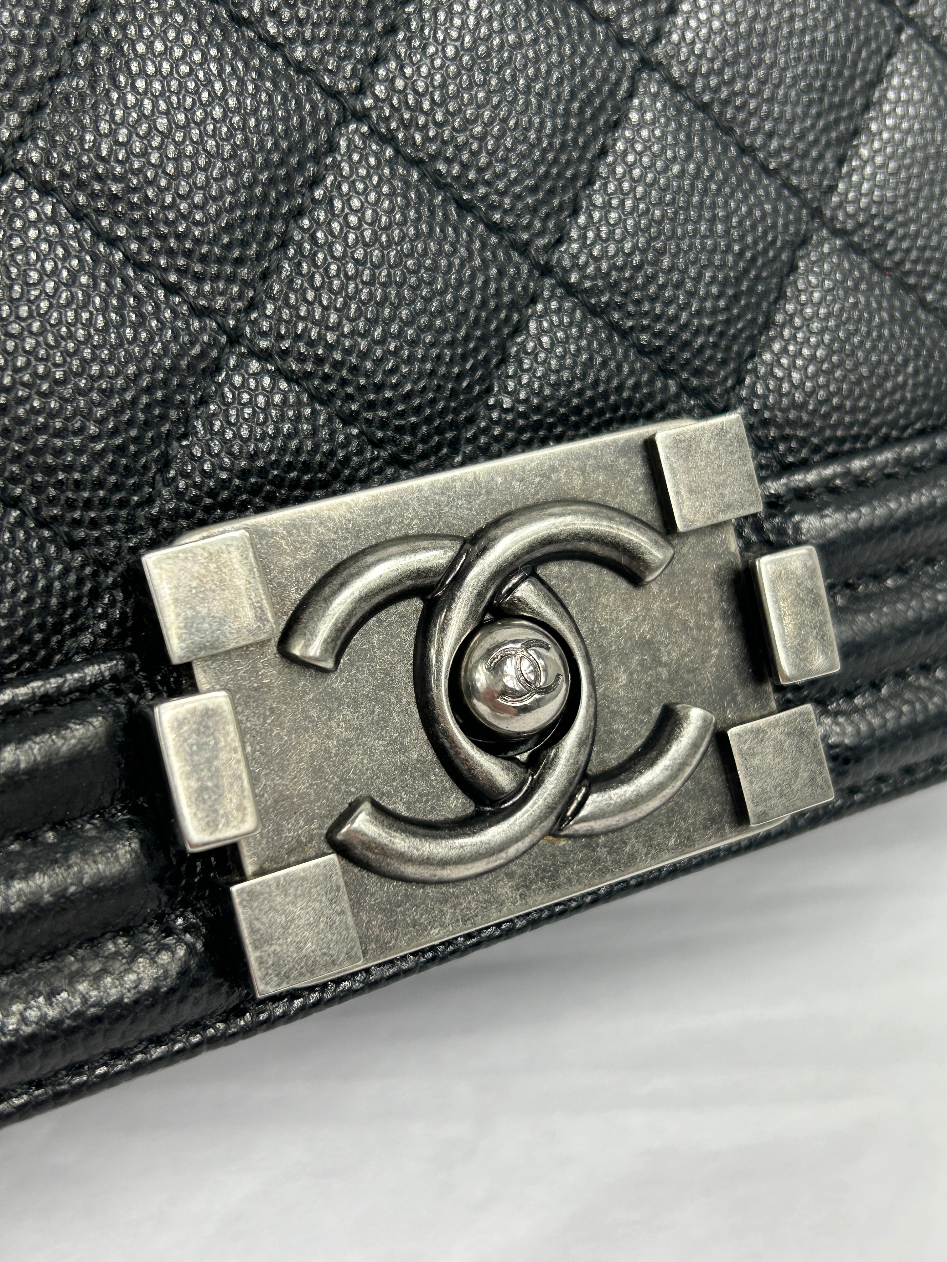 Black Caviar Leather Quilted Old Medium Boy Bag w/RHW