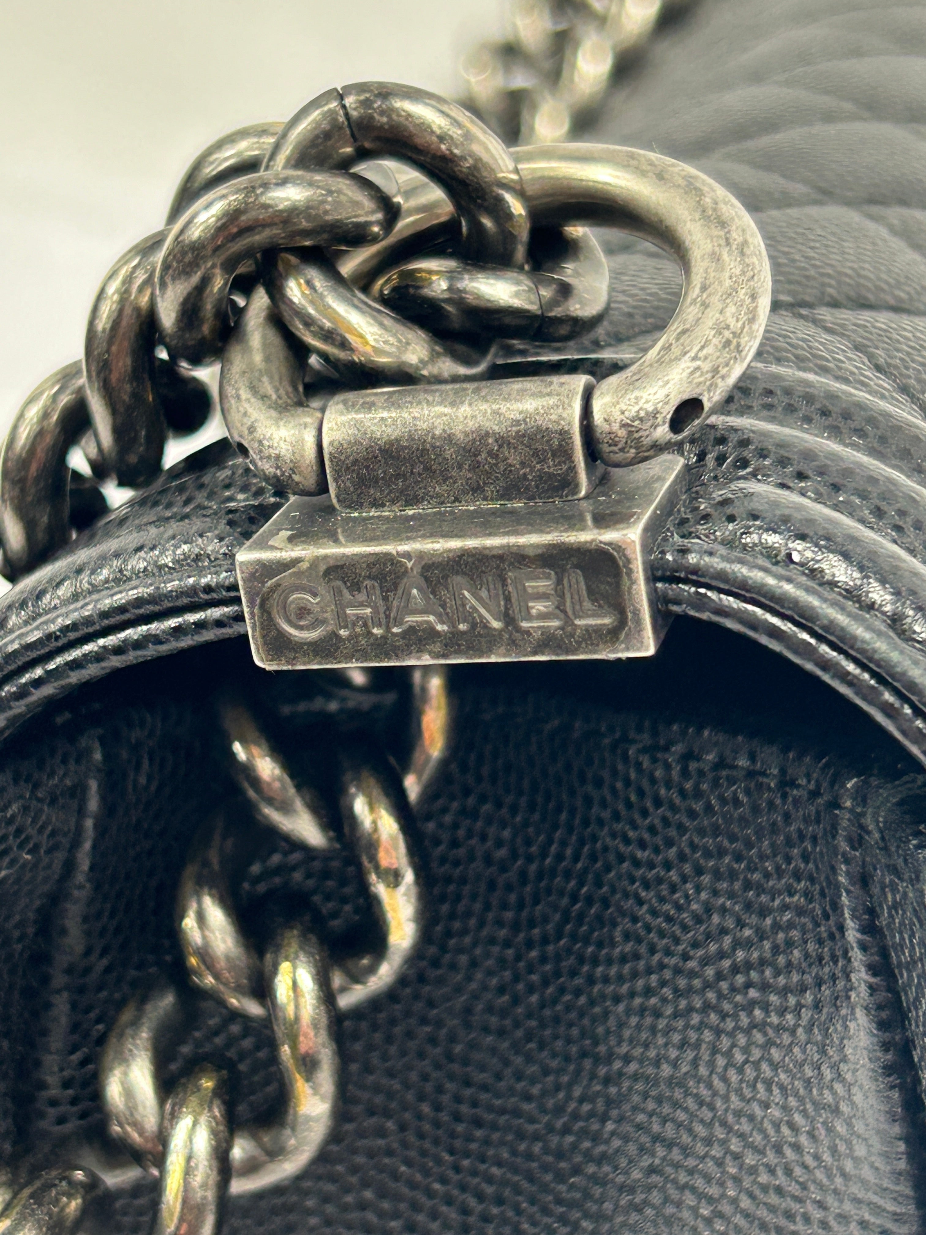 Black Caviar Leather Quilted Old Medium Boy Bag w/RHW