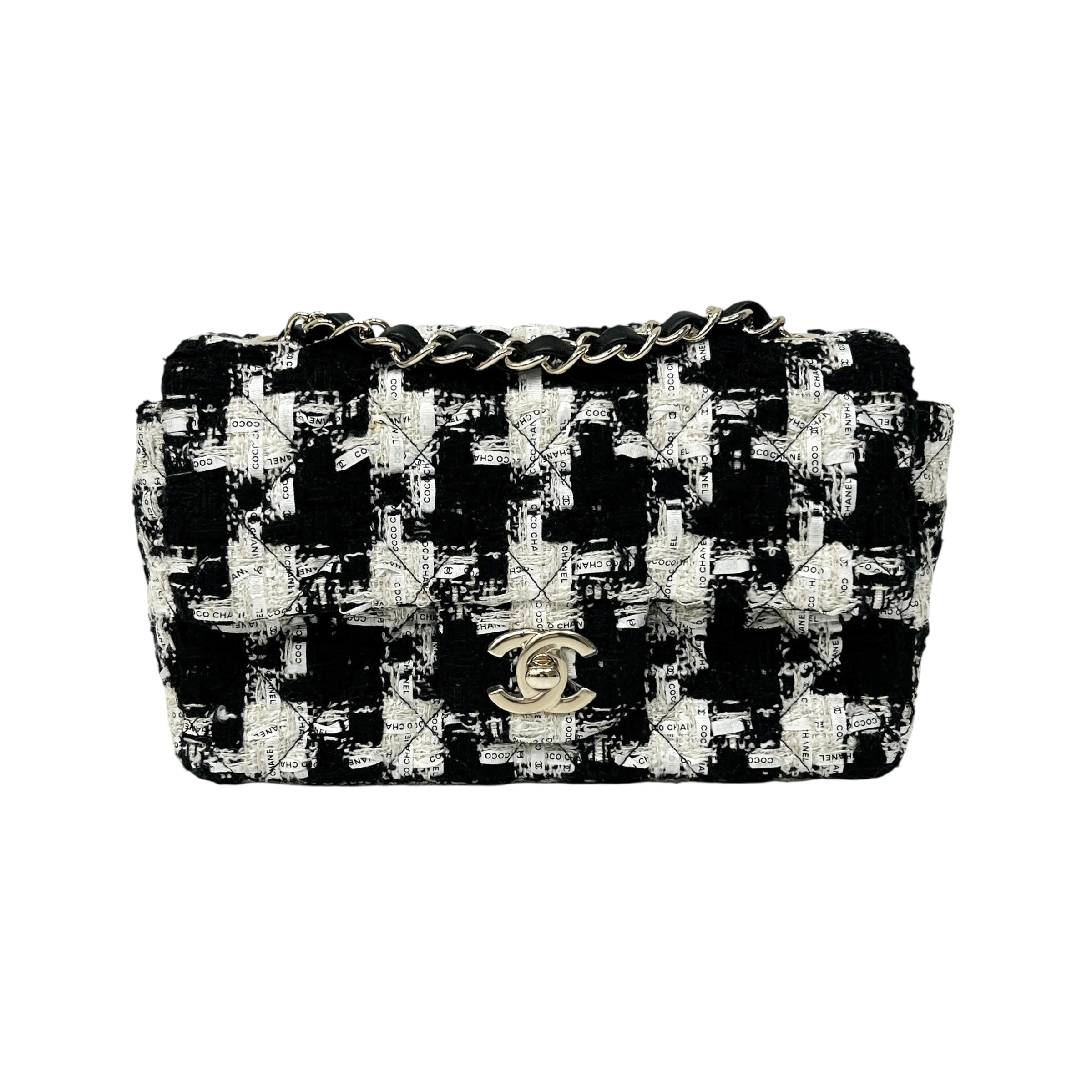Black/Ecru/White Tweed Quilted Mini Rectangular Flap Bag w/LGHW