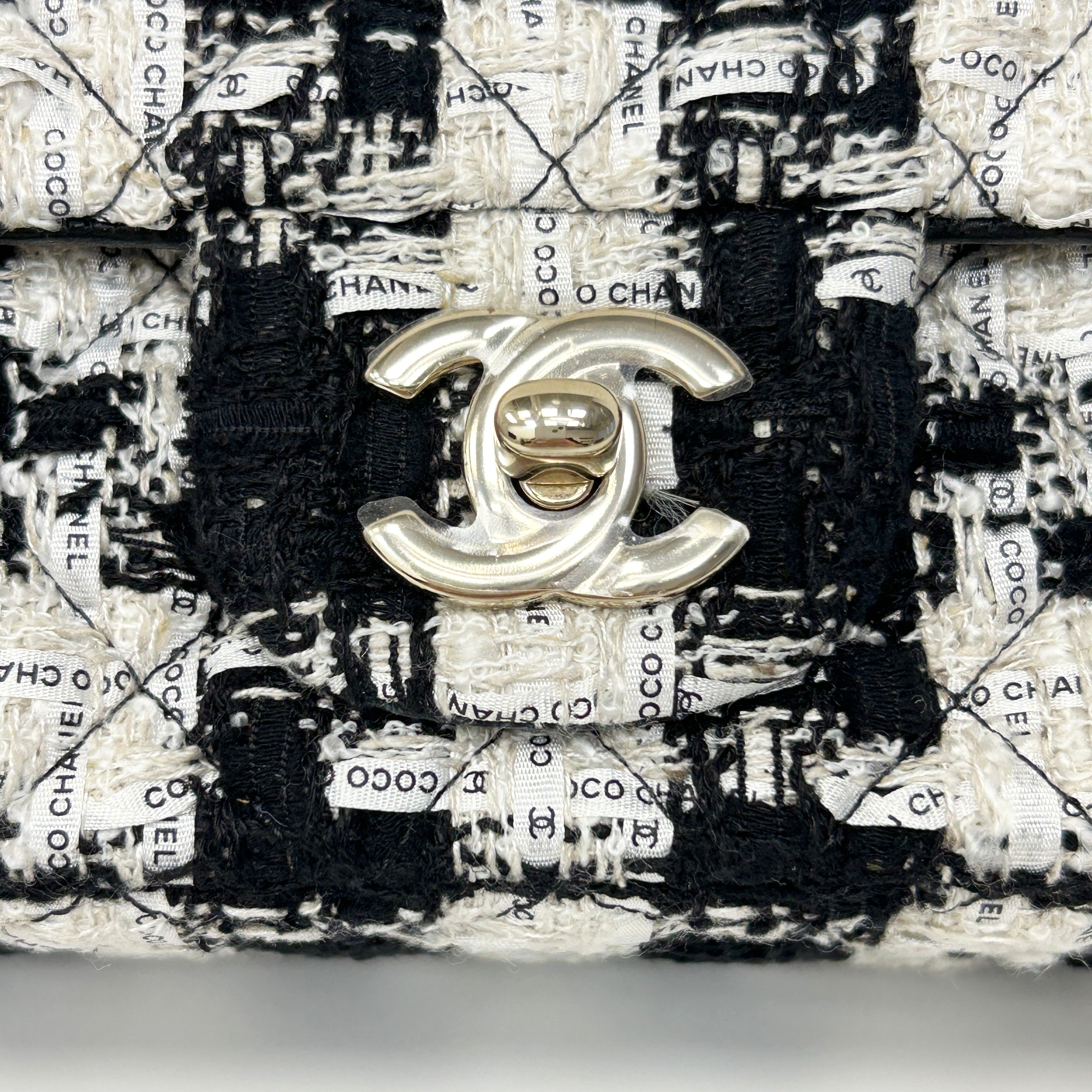 Black/Ecru/White Tweed Quilted Mini Rectangular Flap Bag w/LGHW