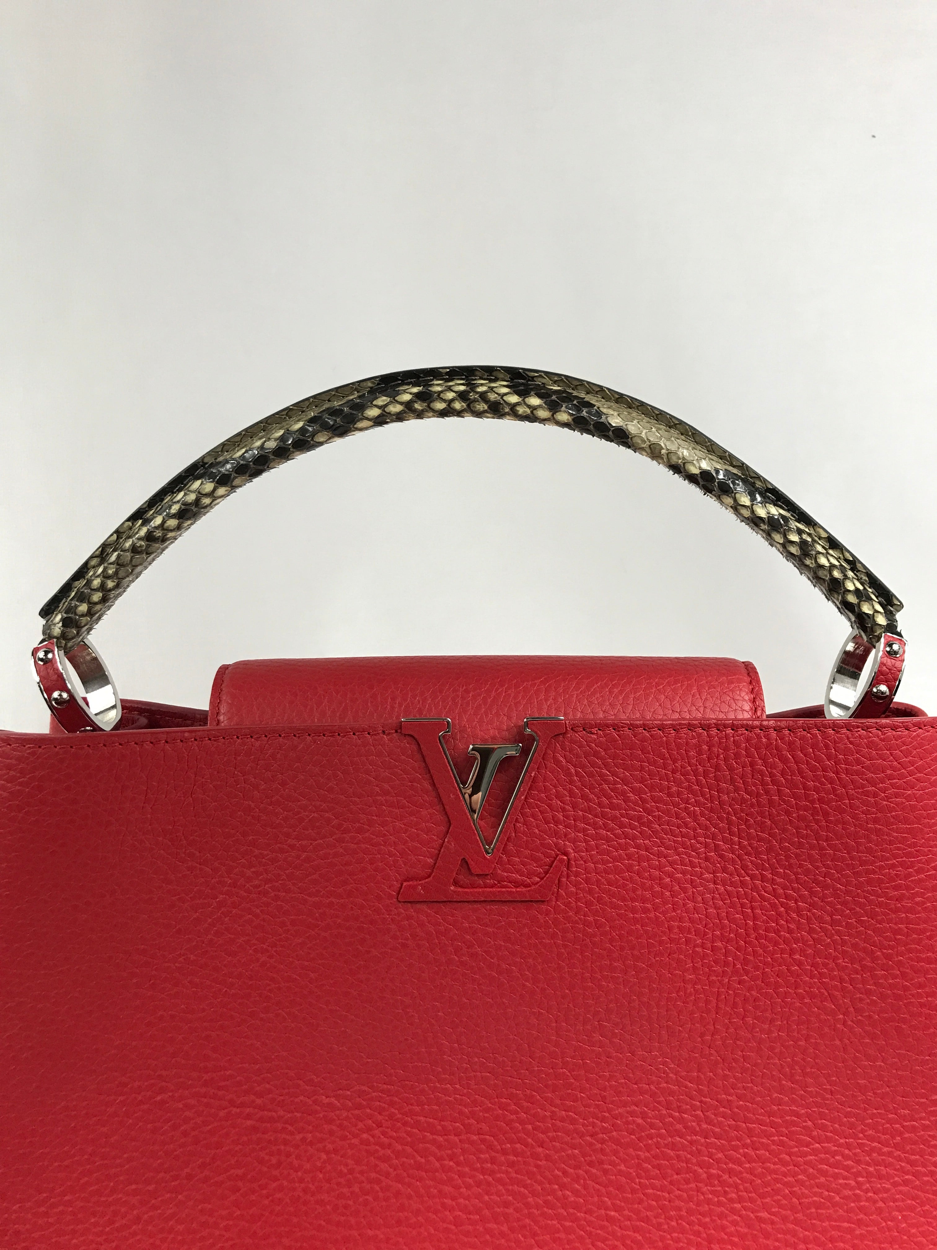 Red Grained Leather Capucines MM W/Python Handle