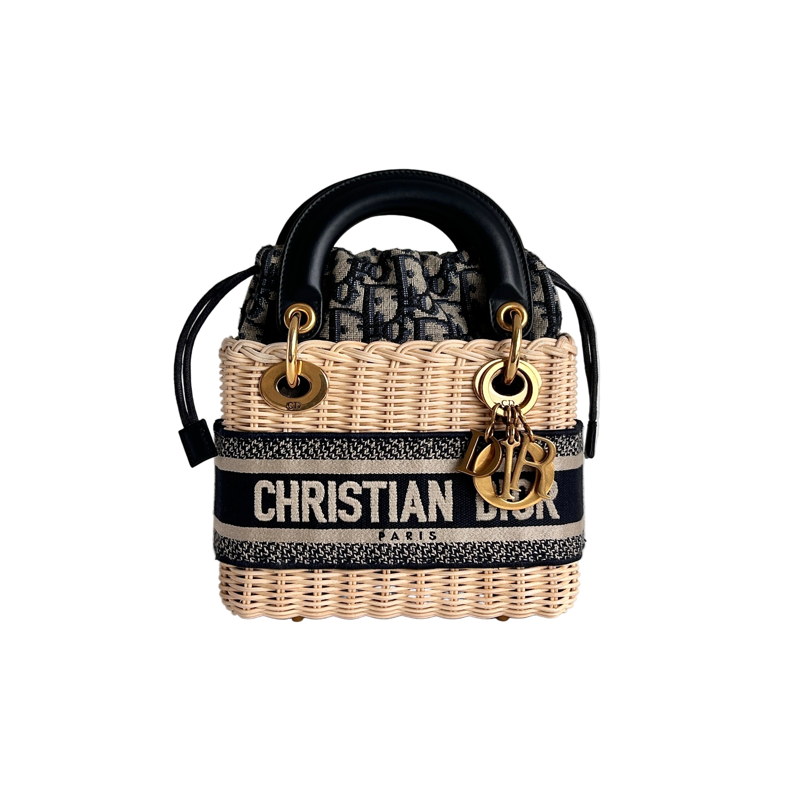 Natural Wicker and Blue Dior Oblique Jacquard Mini Lady Dior w/AGHW