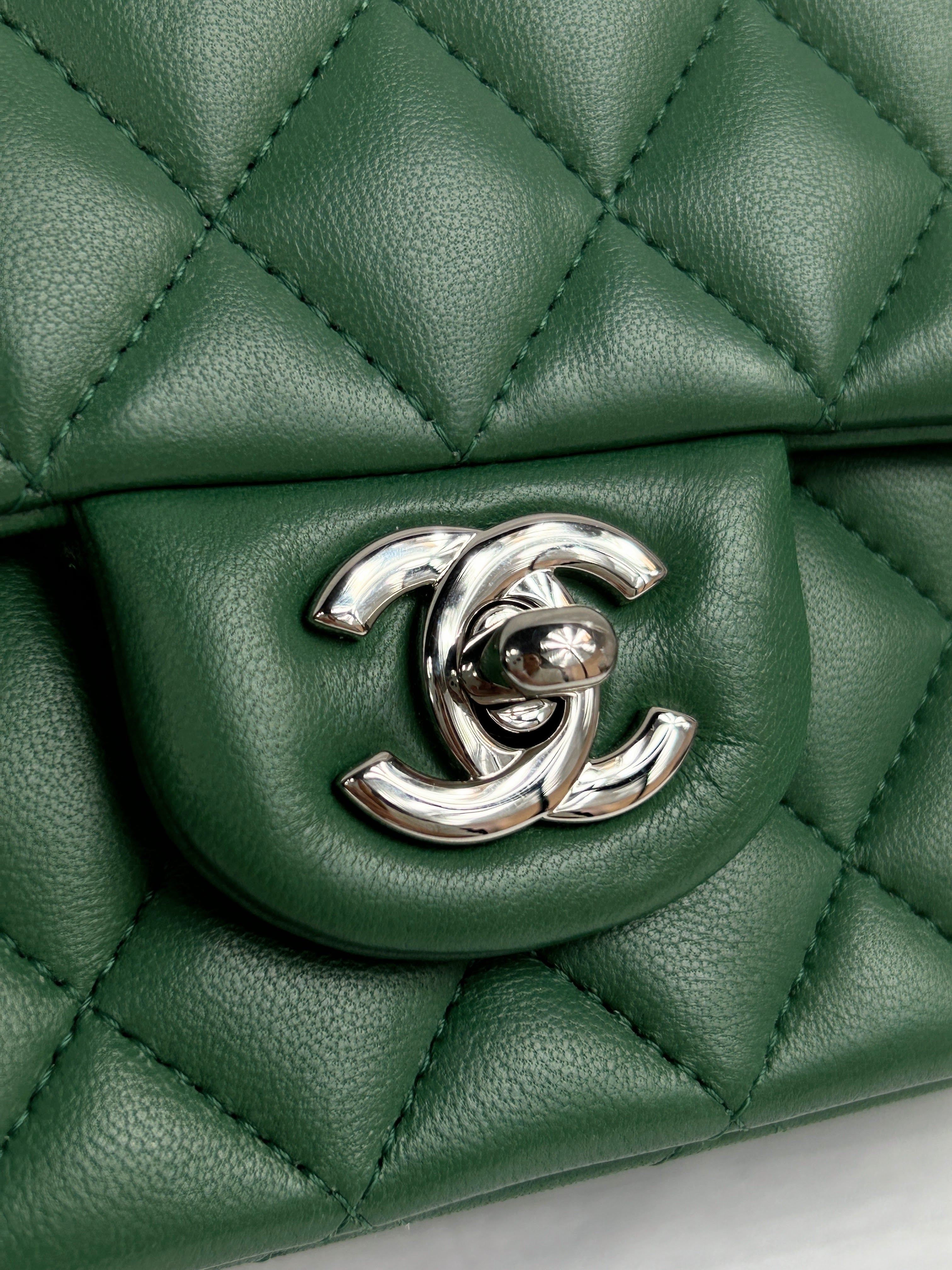 Green Quilted Lambskin Mini Rectangle Classic Flap w/SHW