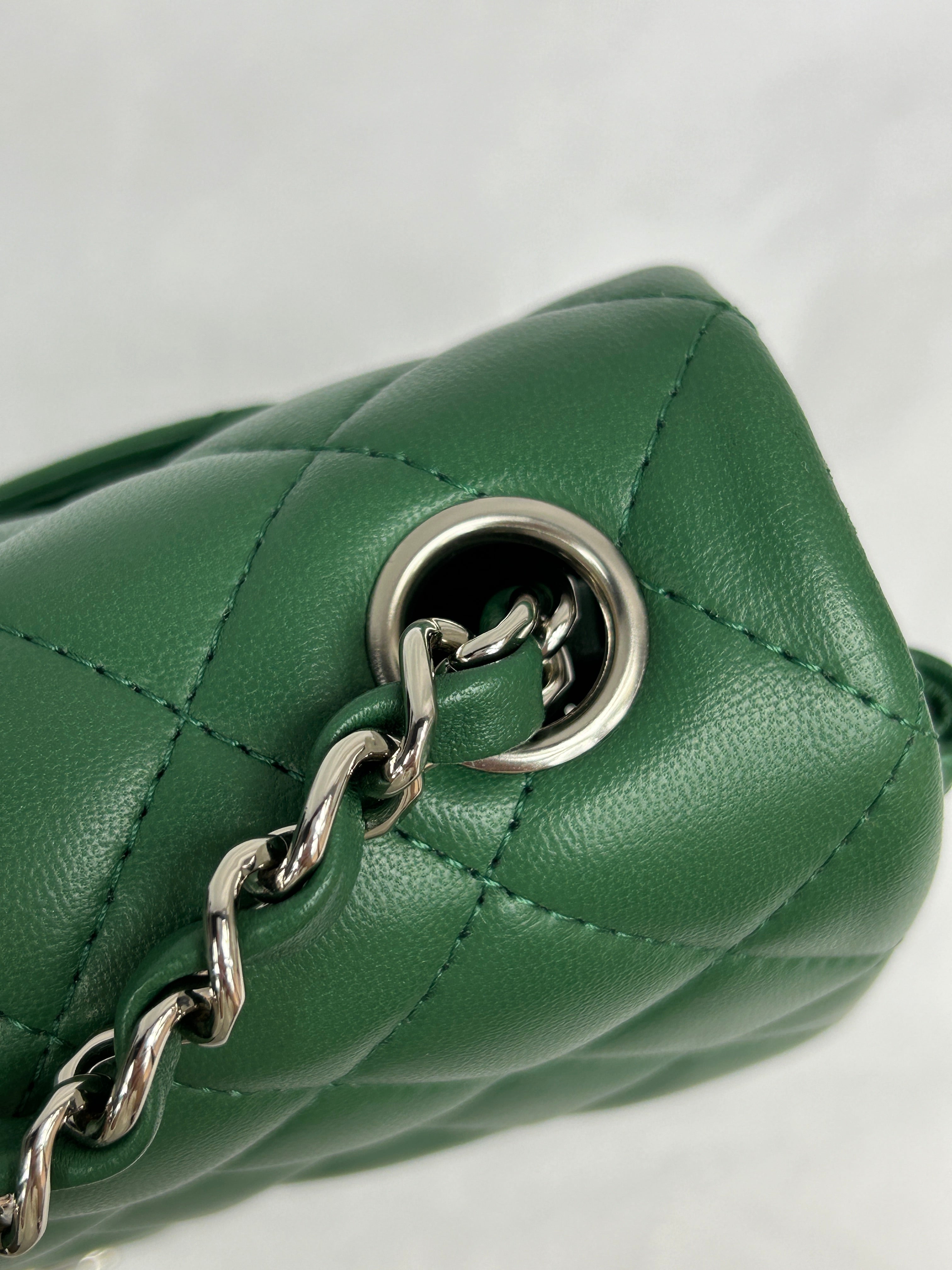 Green Quilted Lambskin Mini Rectangle Classic Flap w/SHW