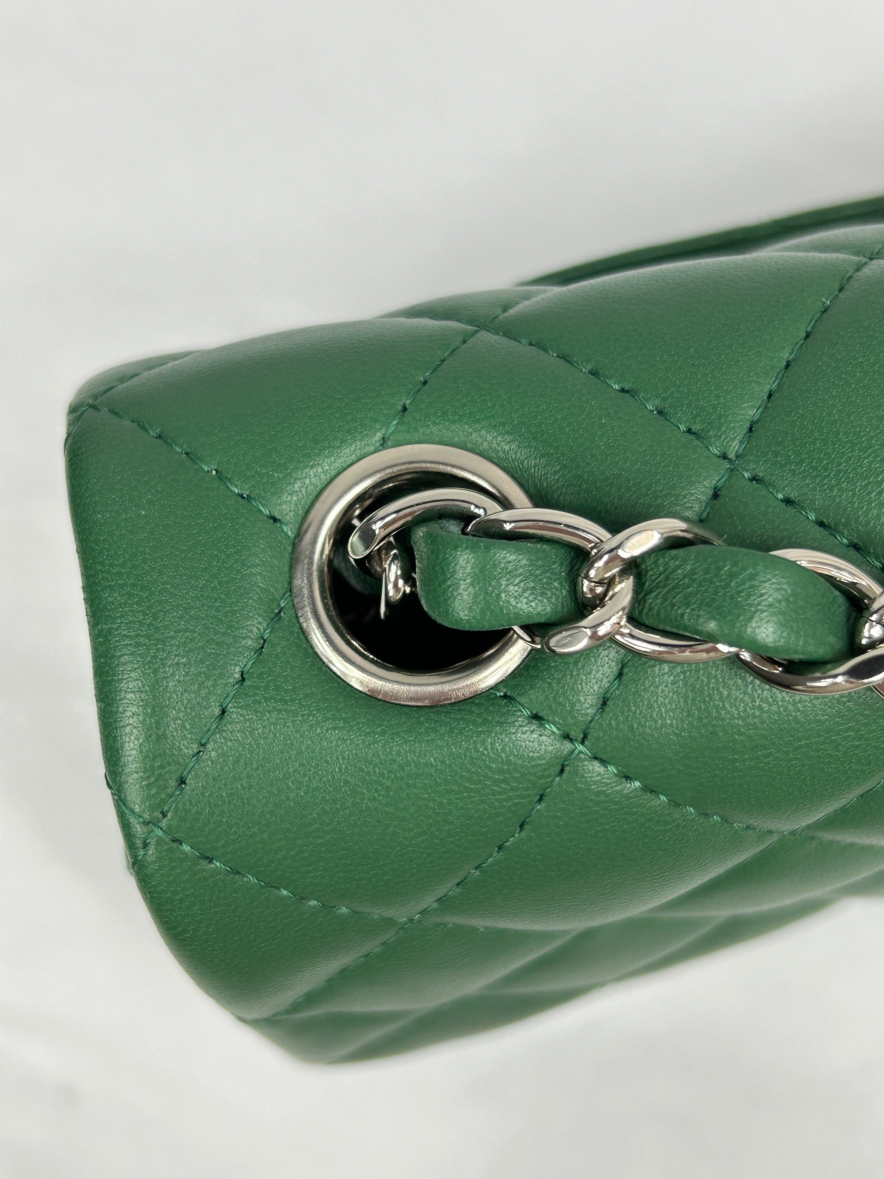 Green Quilted Lambskin Mini Rectangle Classic Flap w/SHW