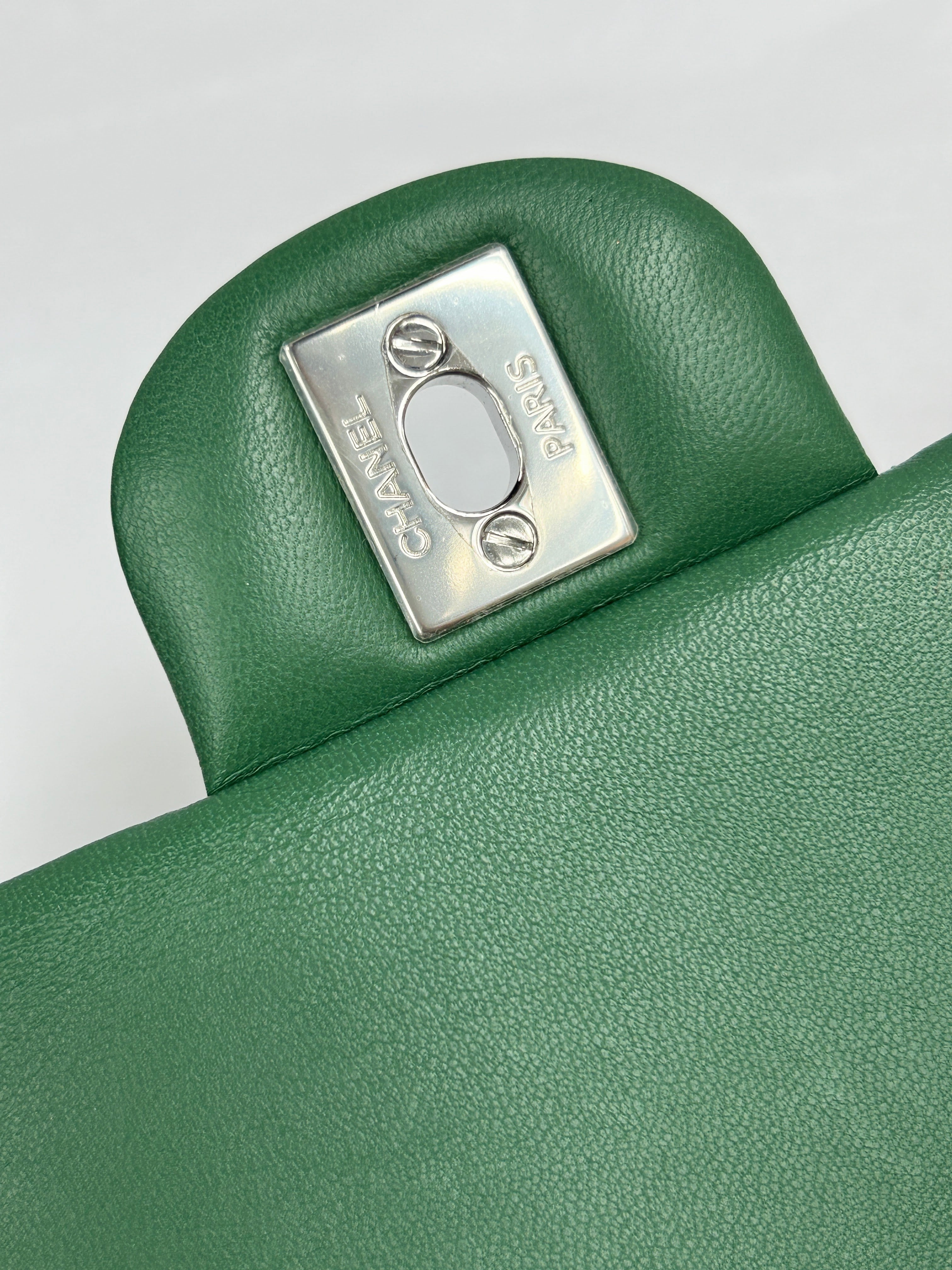 Green Quilted Lambskin Mini Rectangle Classic Flap w/SHW