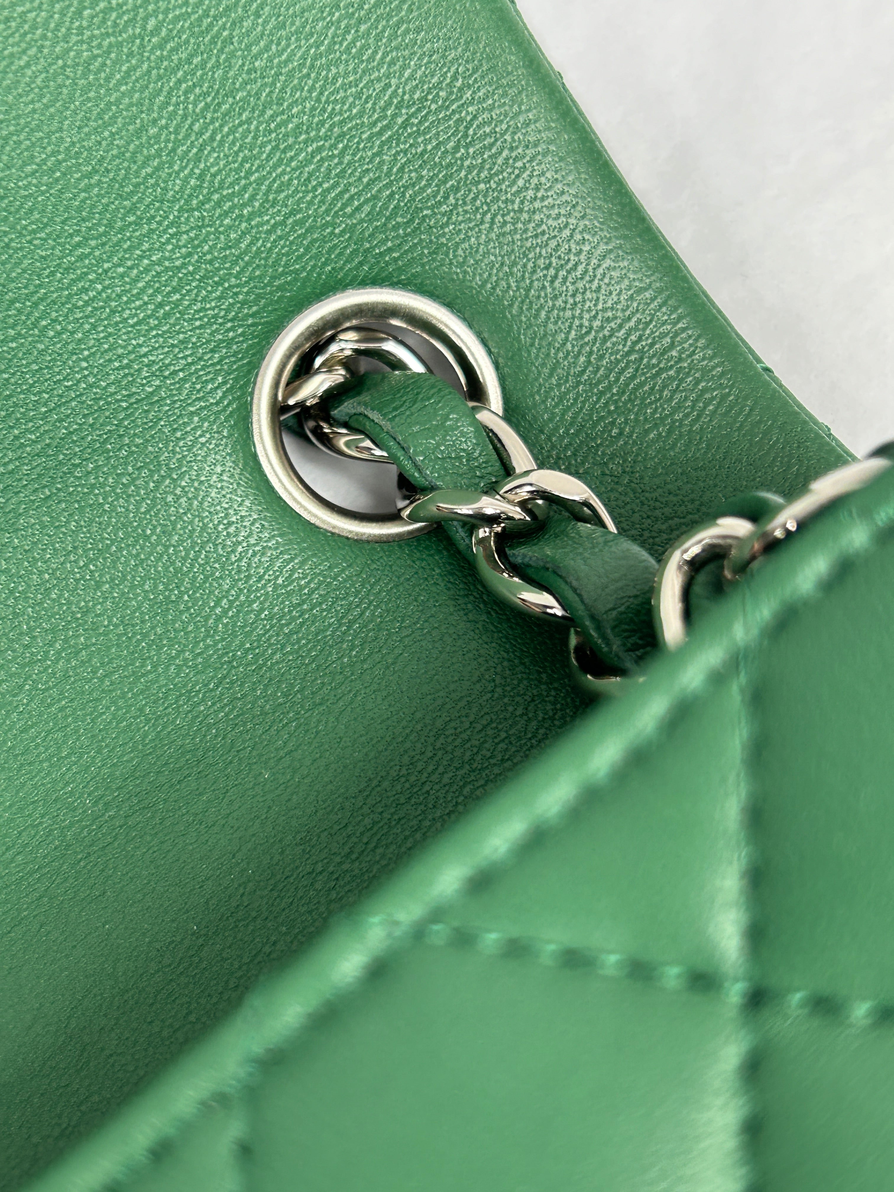 Green Quilted Lambskin Mini Rectangle Classic Flap w/SHW