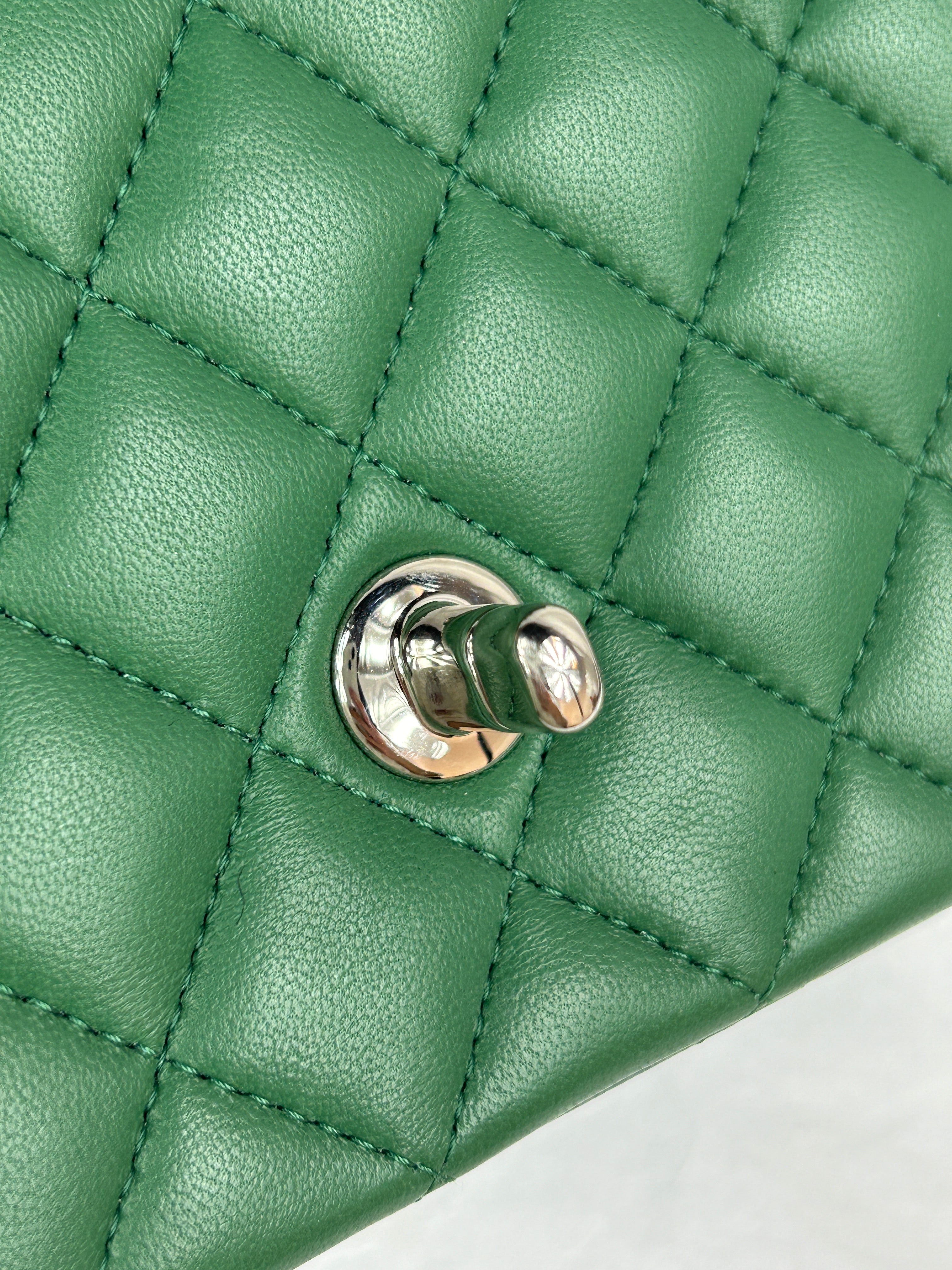 Green Quilted Lambskin Mini Rectangle Classic Flap w/SHW