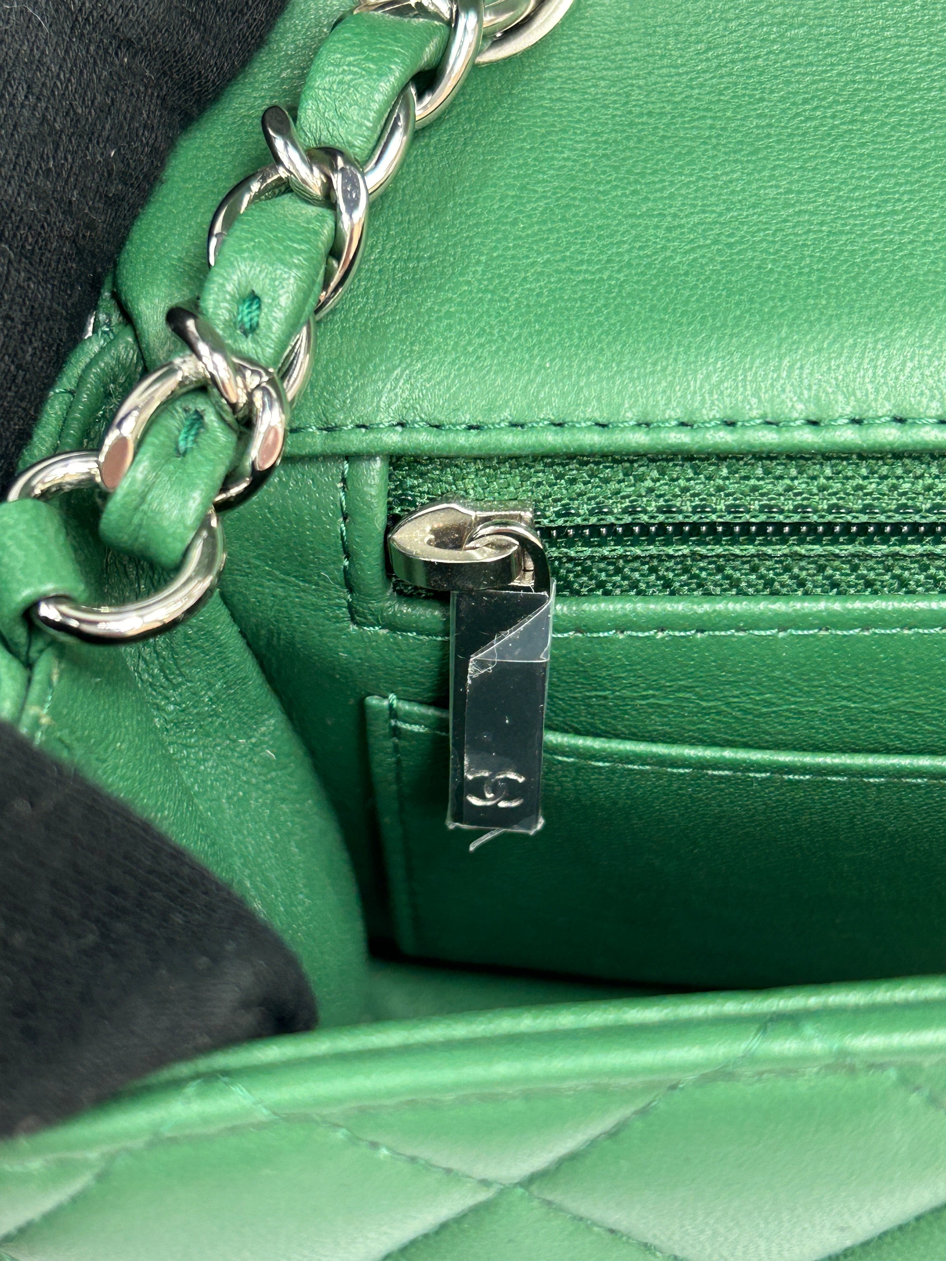 Green Quilted Lambskin Mini Rectangle Classic Flap w/SHW