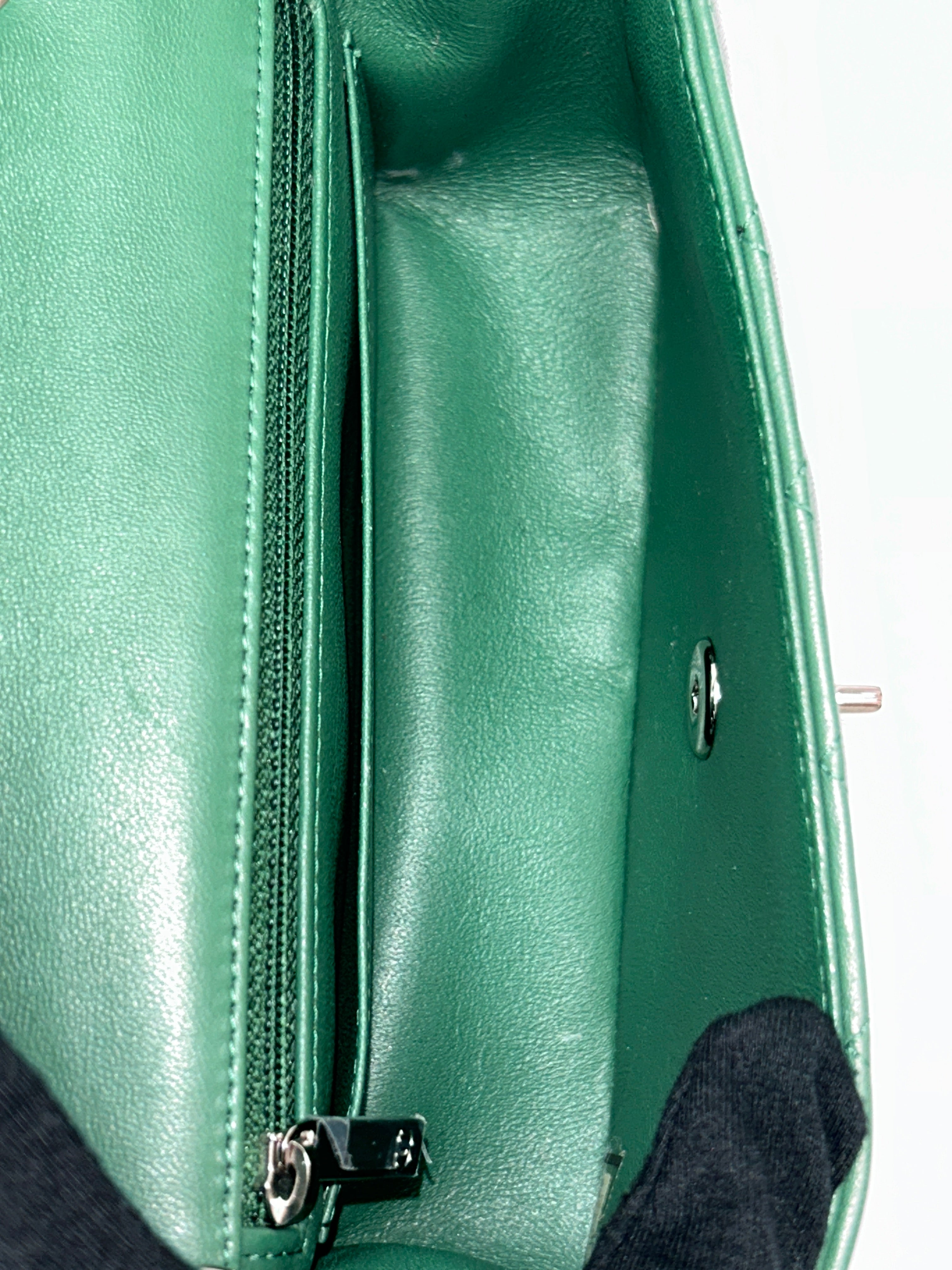 Green Quilted Lambskin Mini Rectangle Classic Flap w/SHW