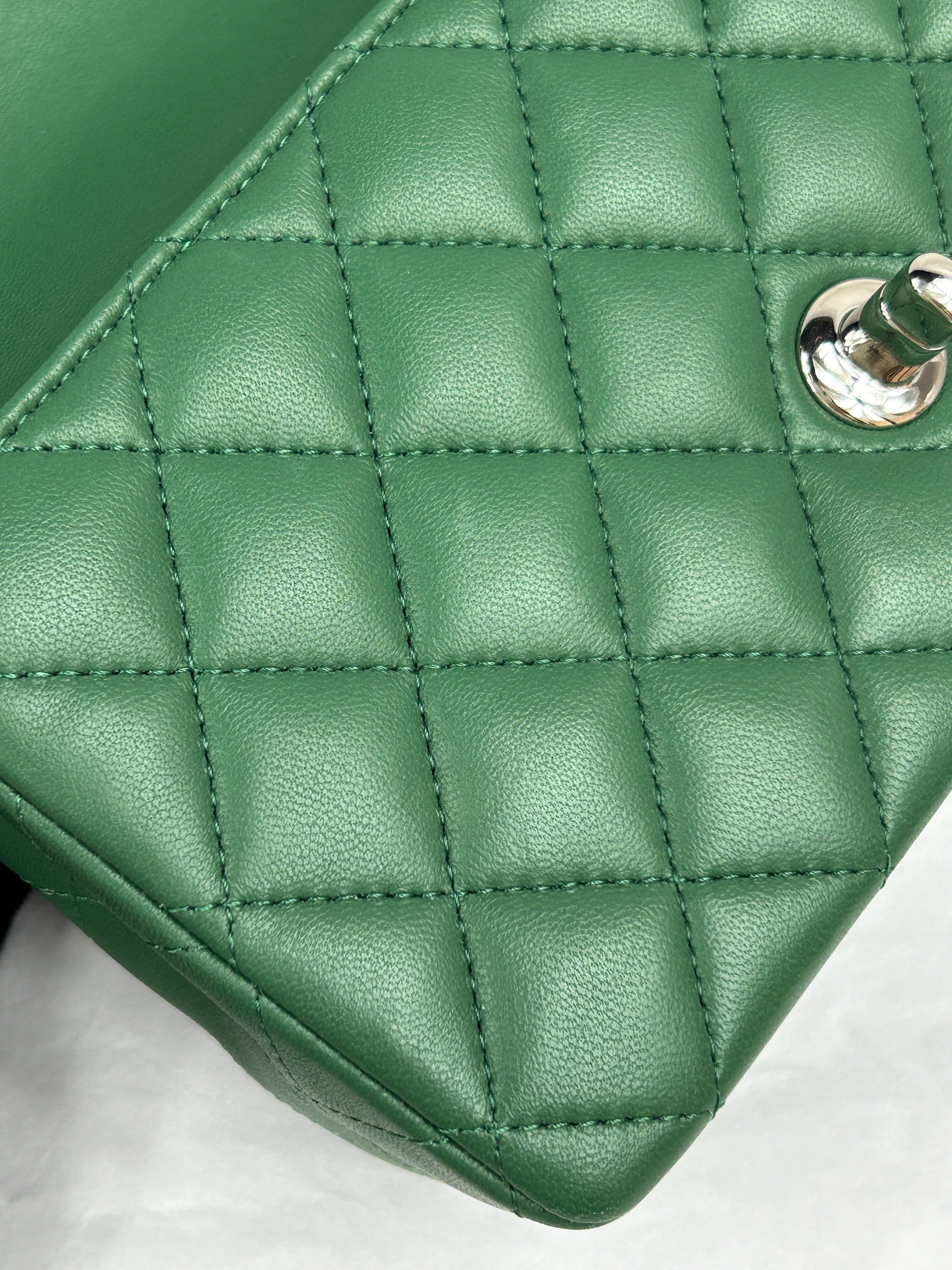 Green Quilted Lambskin Mini Rectangle Classic Flap w/SHW