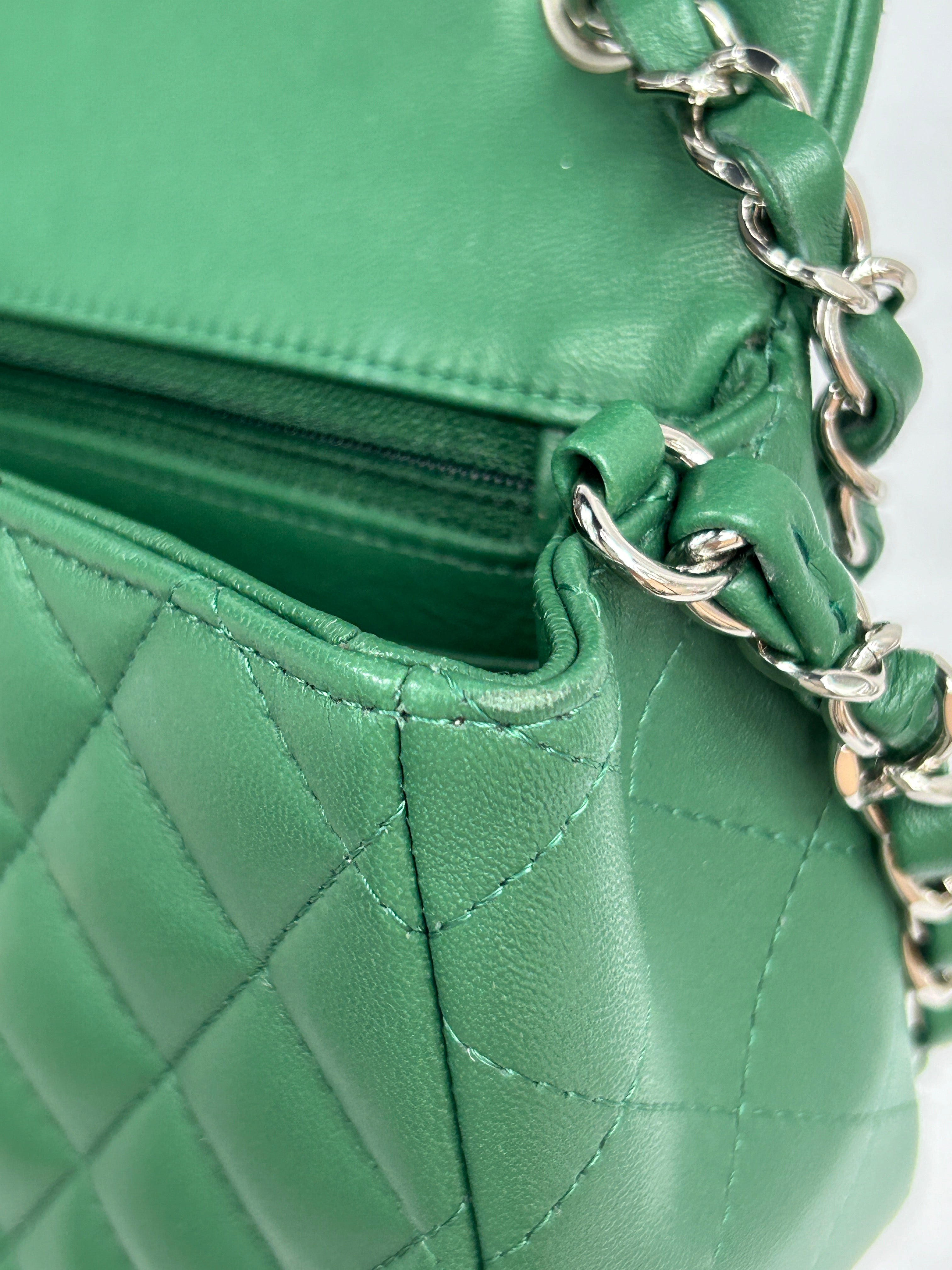 Green Quilted Lambskin Mini Rectangle Classic Flap w/SHW