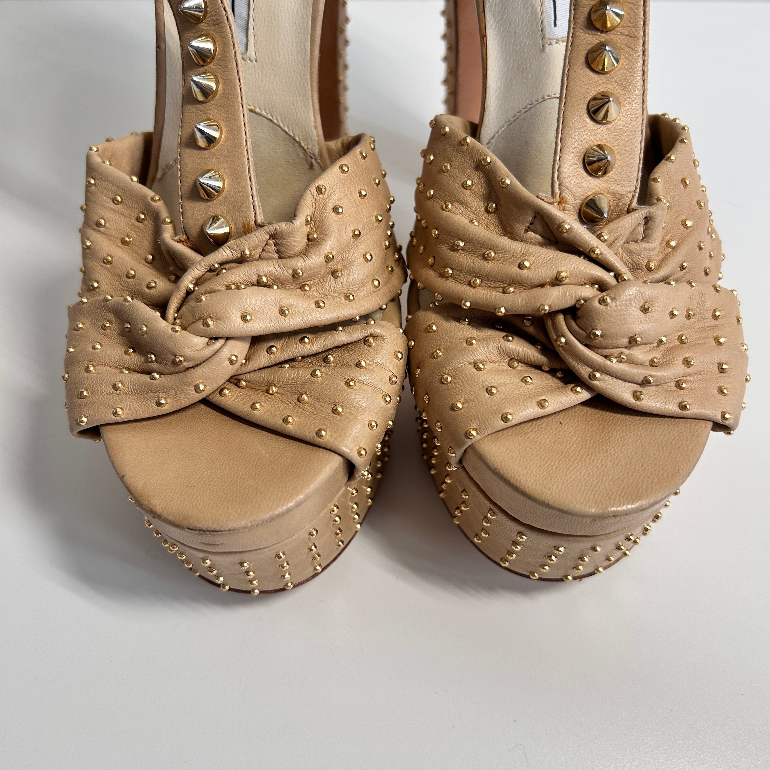 Beige Leather Platform Ankle Strap Sandals