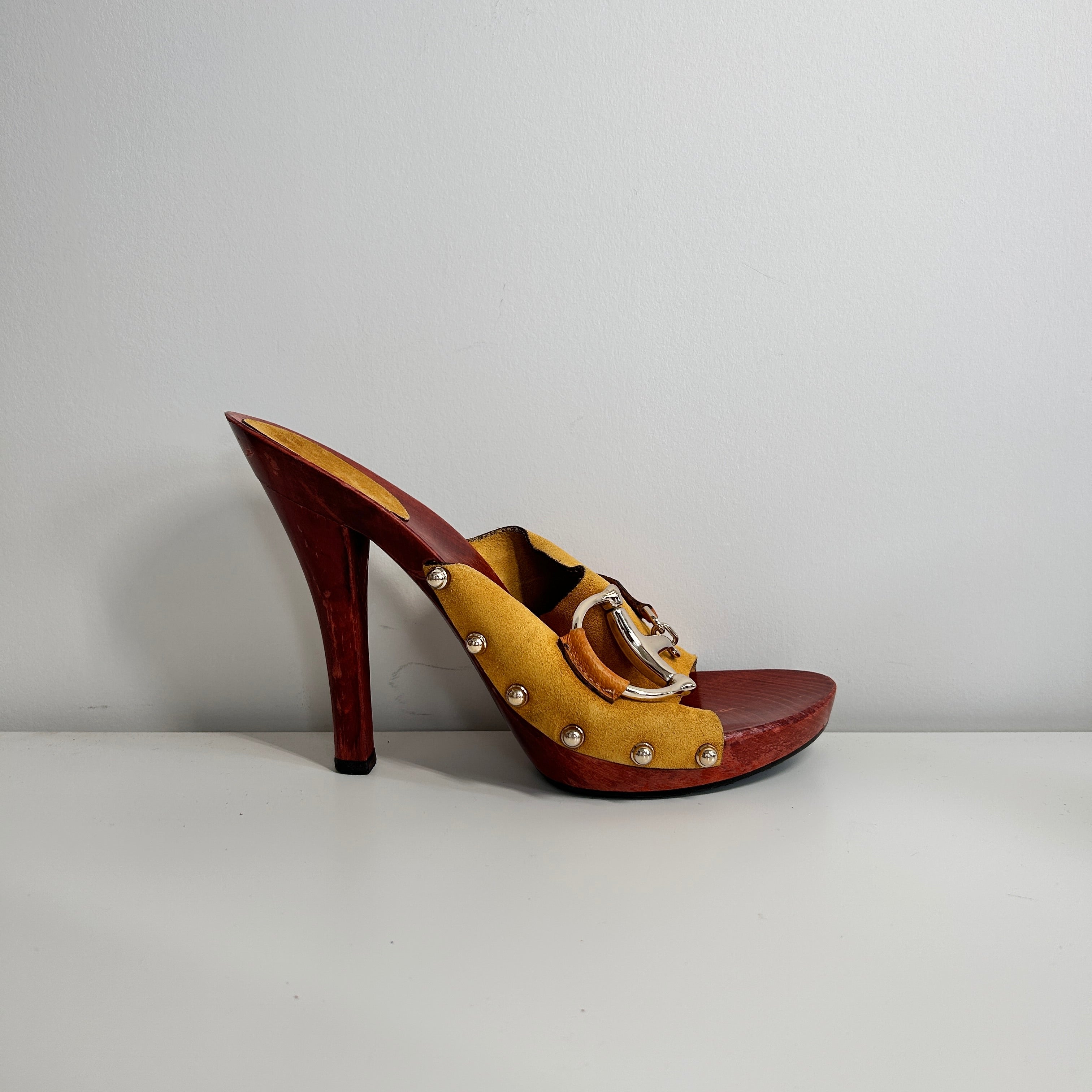 Camel Suede Horsebit Accent Clogs