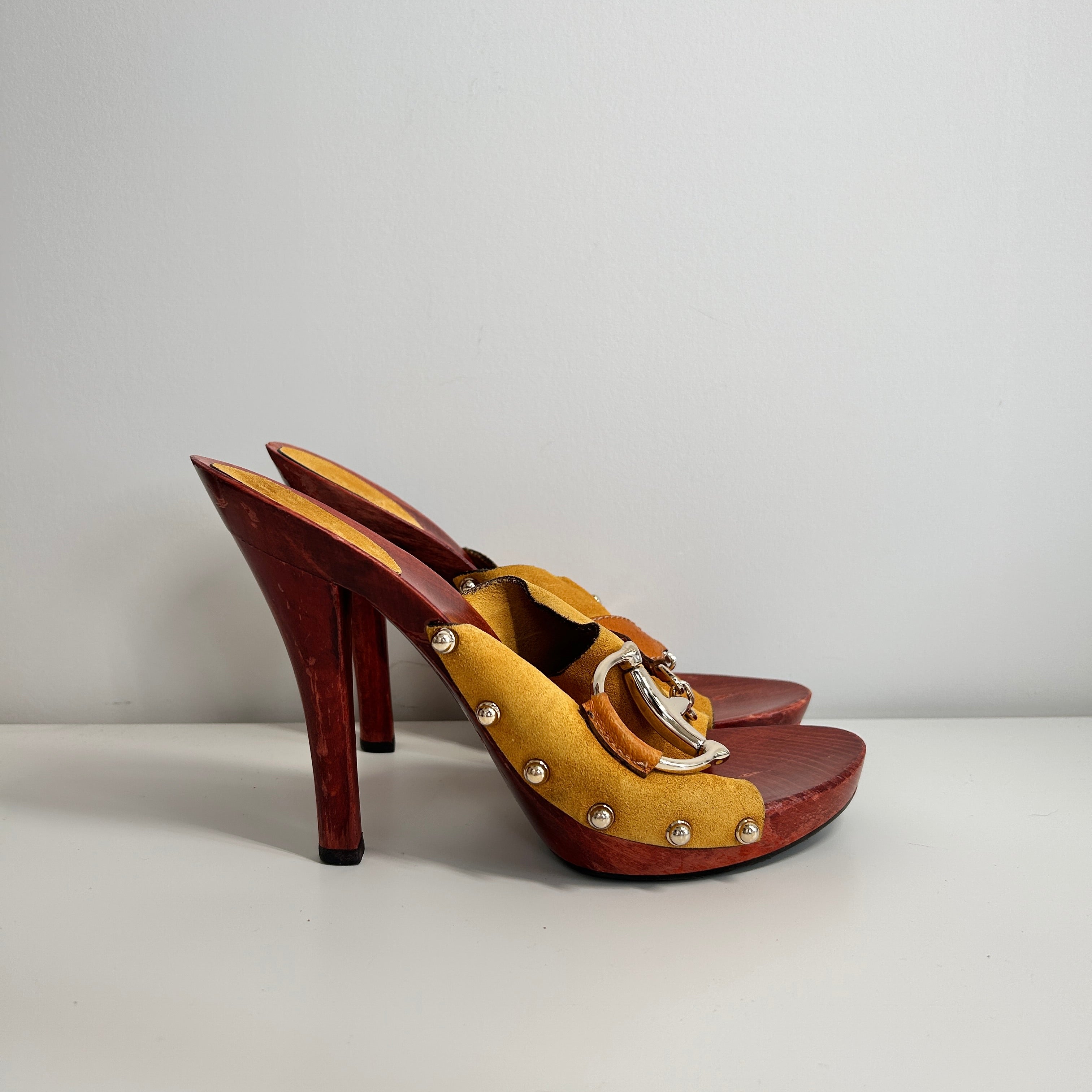 Camel Suede Horsebit Accent Clogs