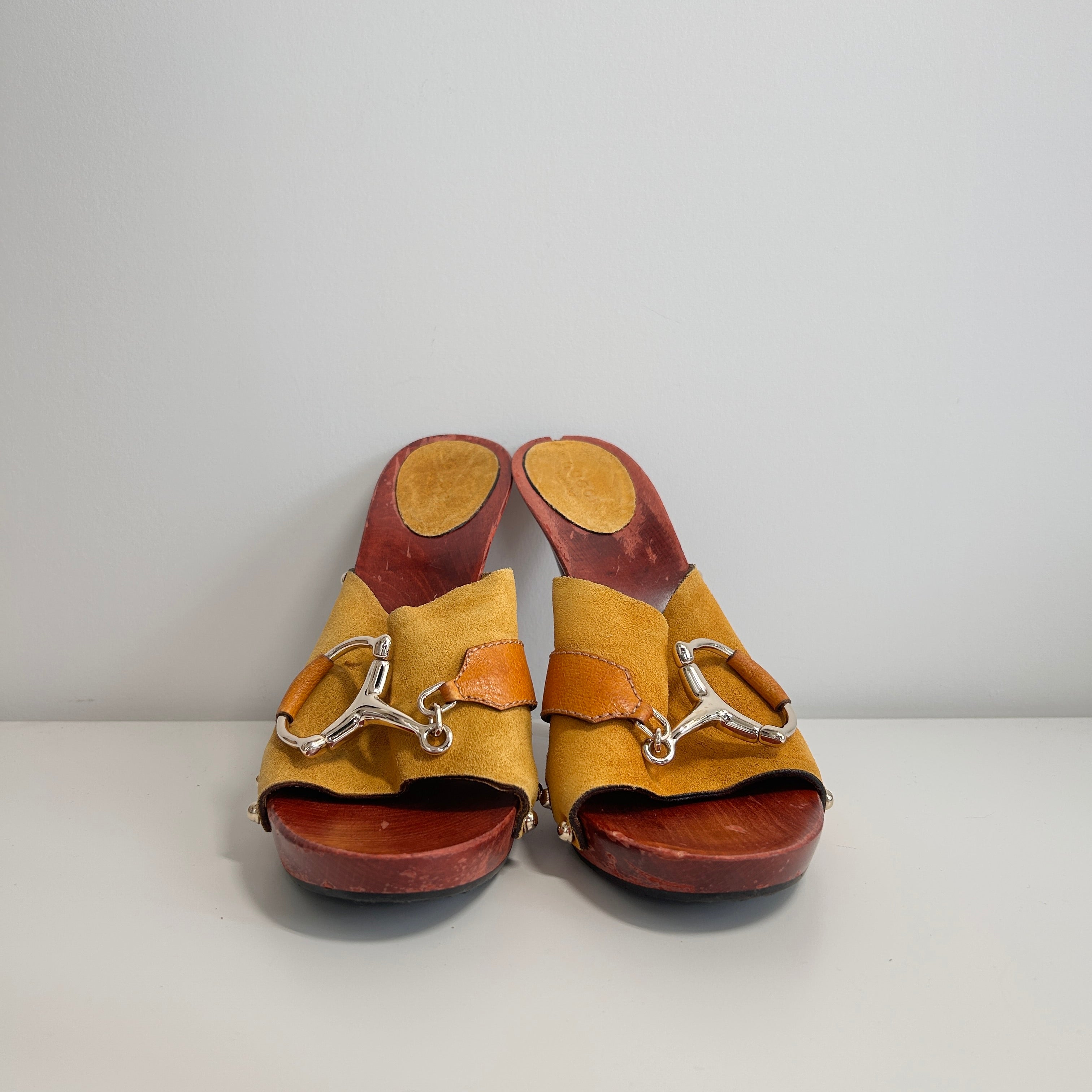 Camel Suede Horsebit Accent Clogs