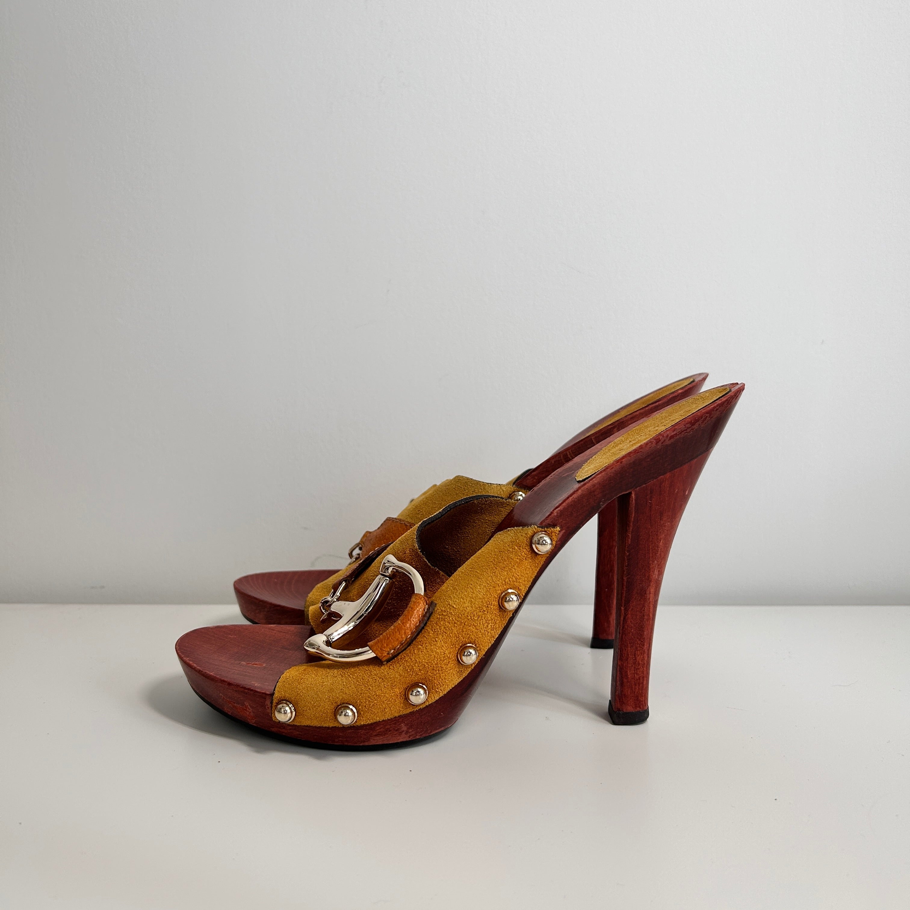 Camel Suede Horsebit Accent Clogs