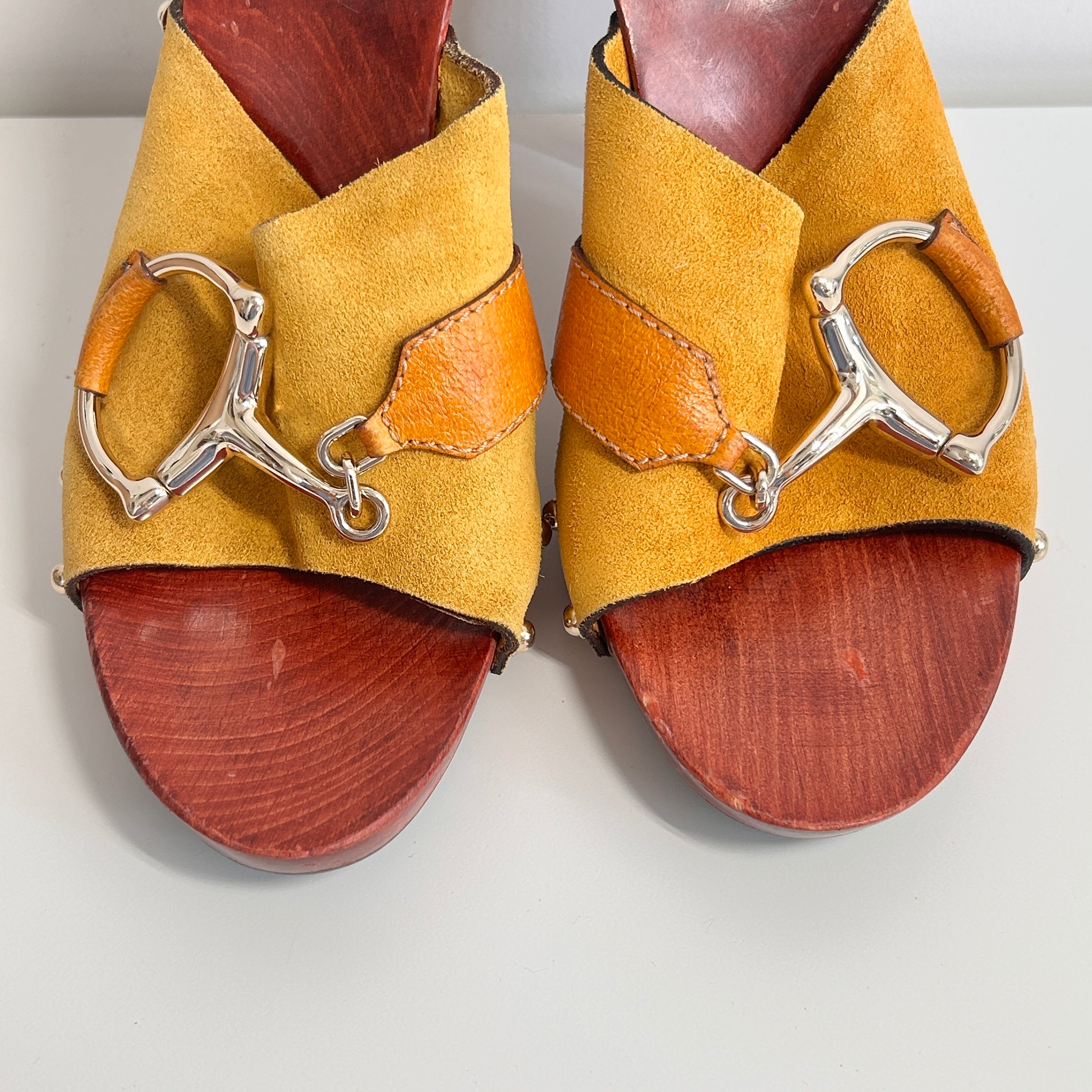Camel Suede Horsebit Accent Clogs