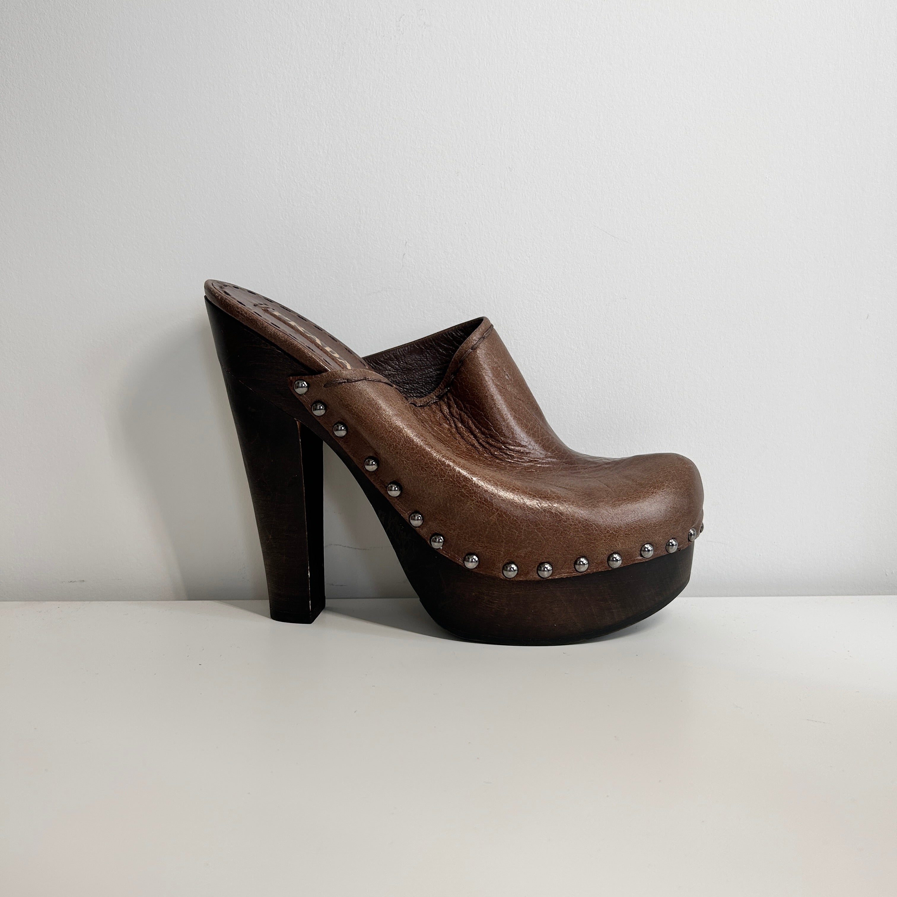 Brown Leather Studded Accents Mules