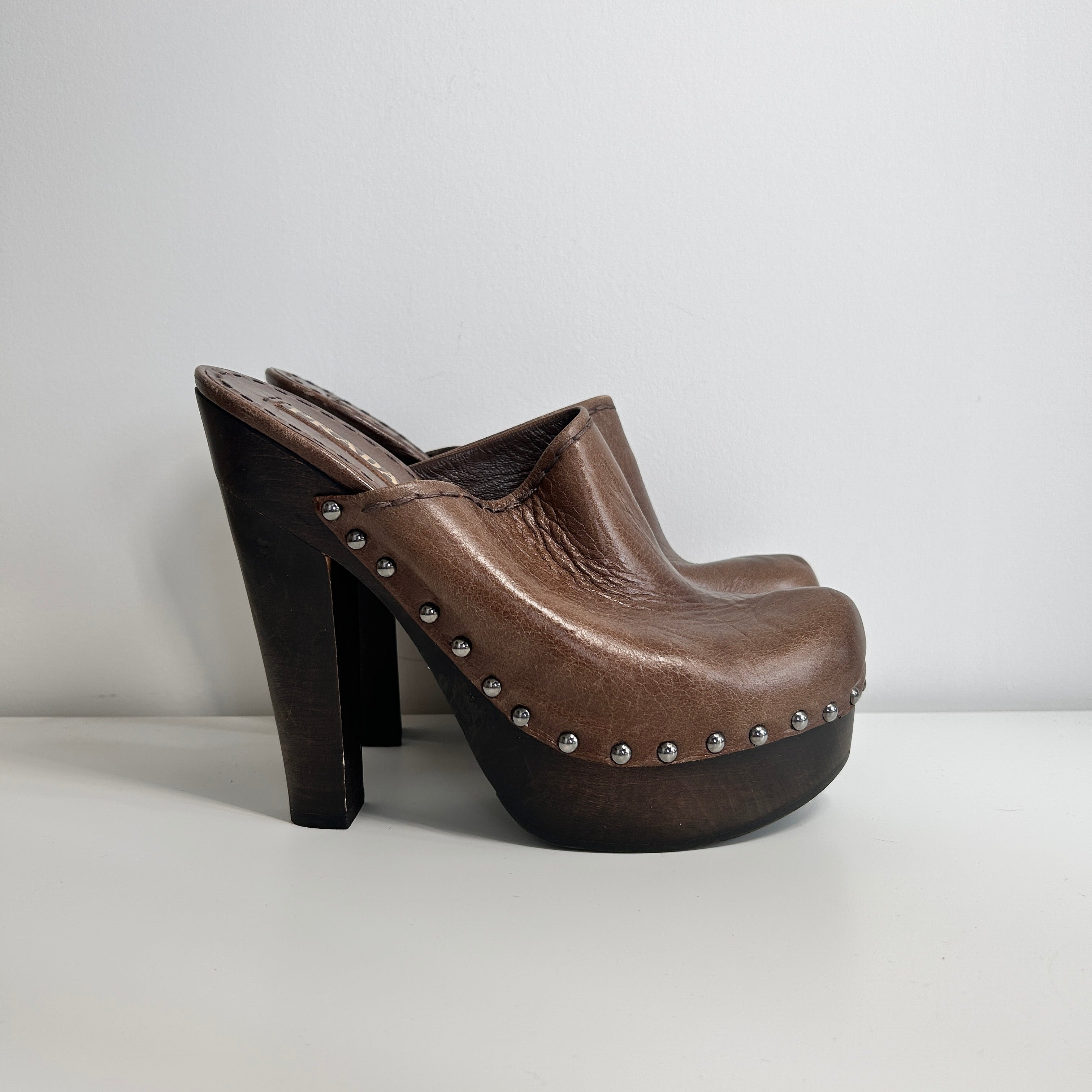 Brown Leather Studded Accents Mules