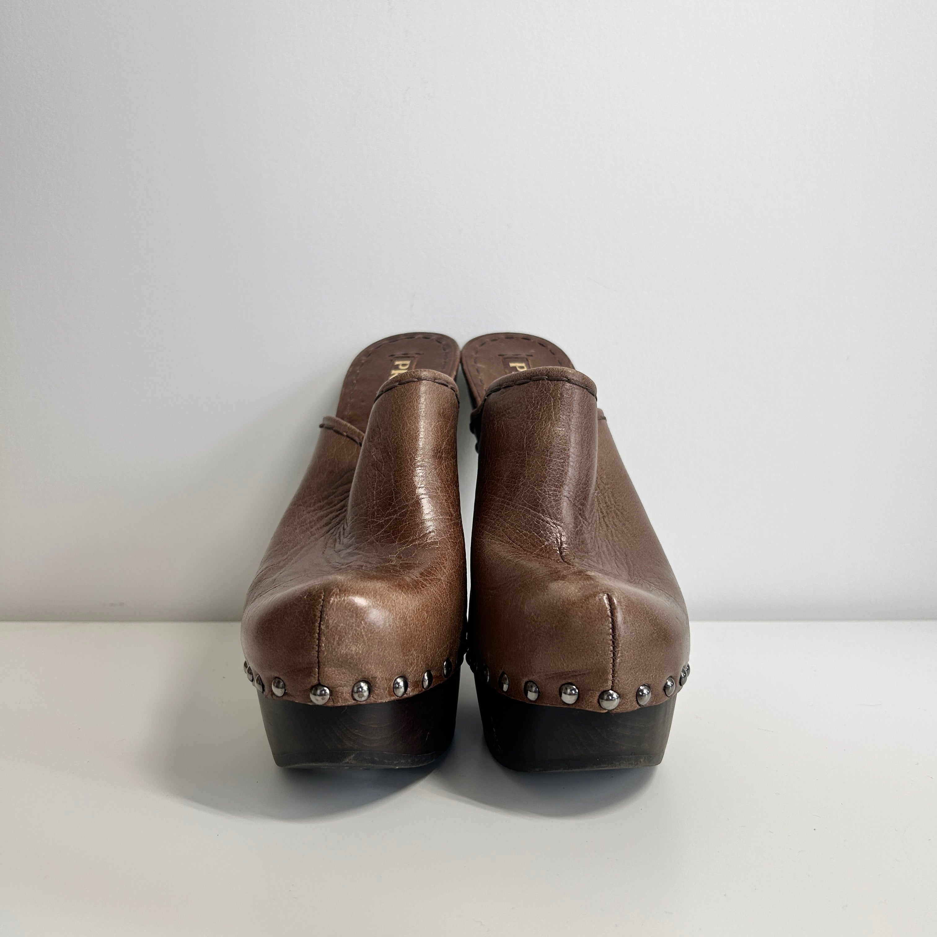 Brown Leather Studded Accents Mules