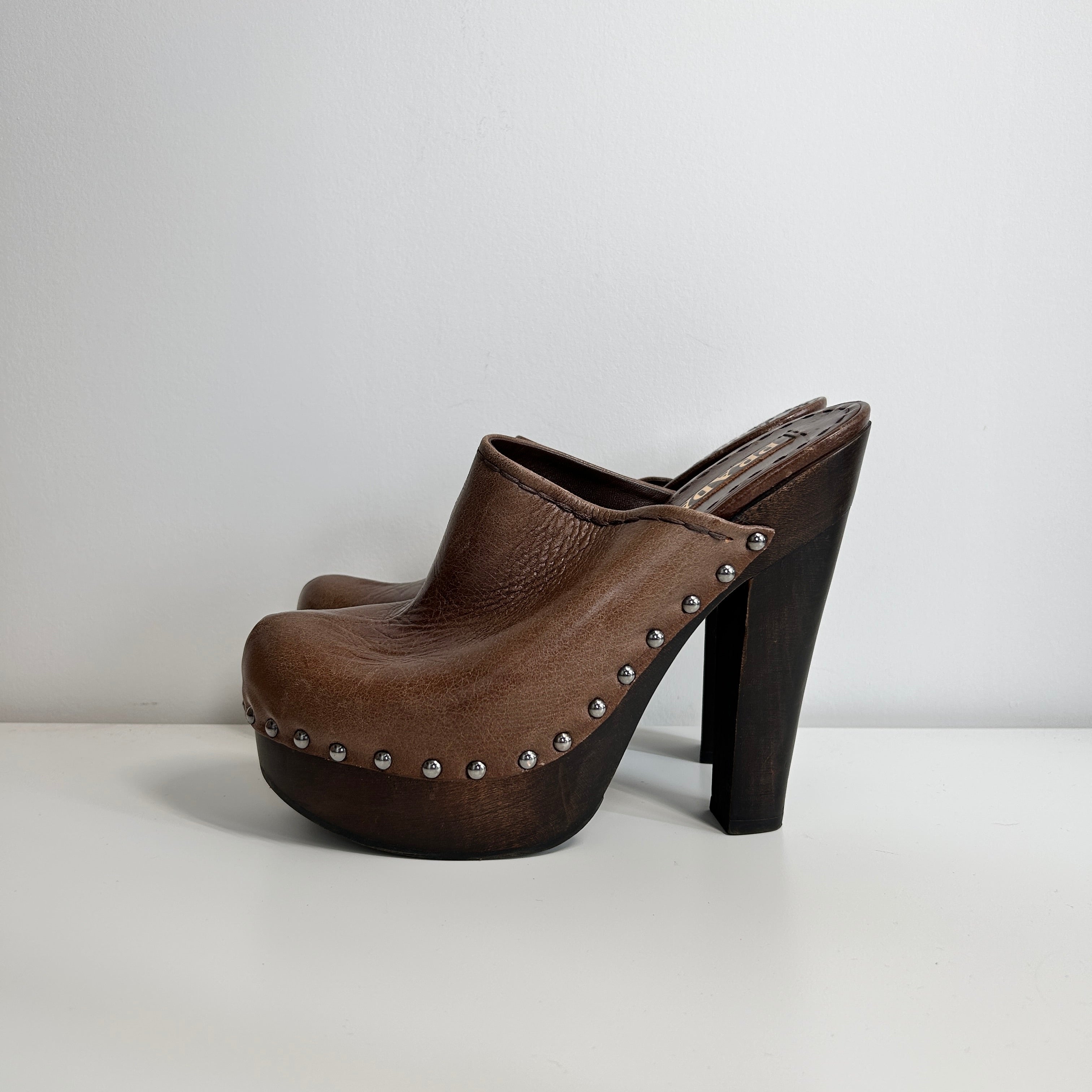 Brown Leather Studded Accents Mules