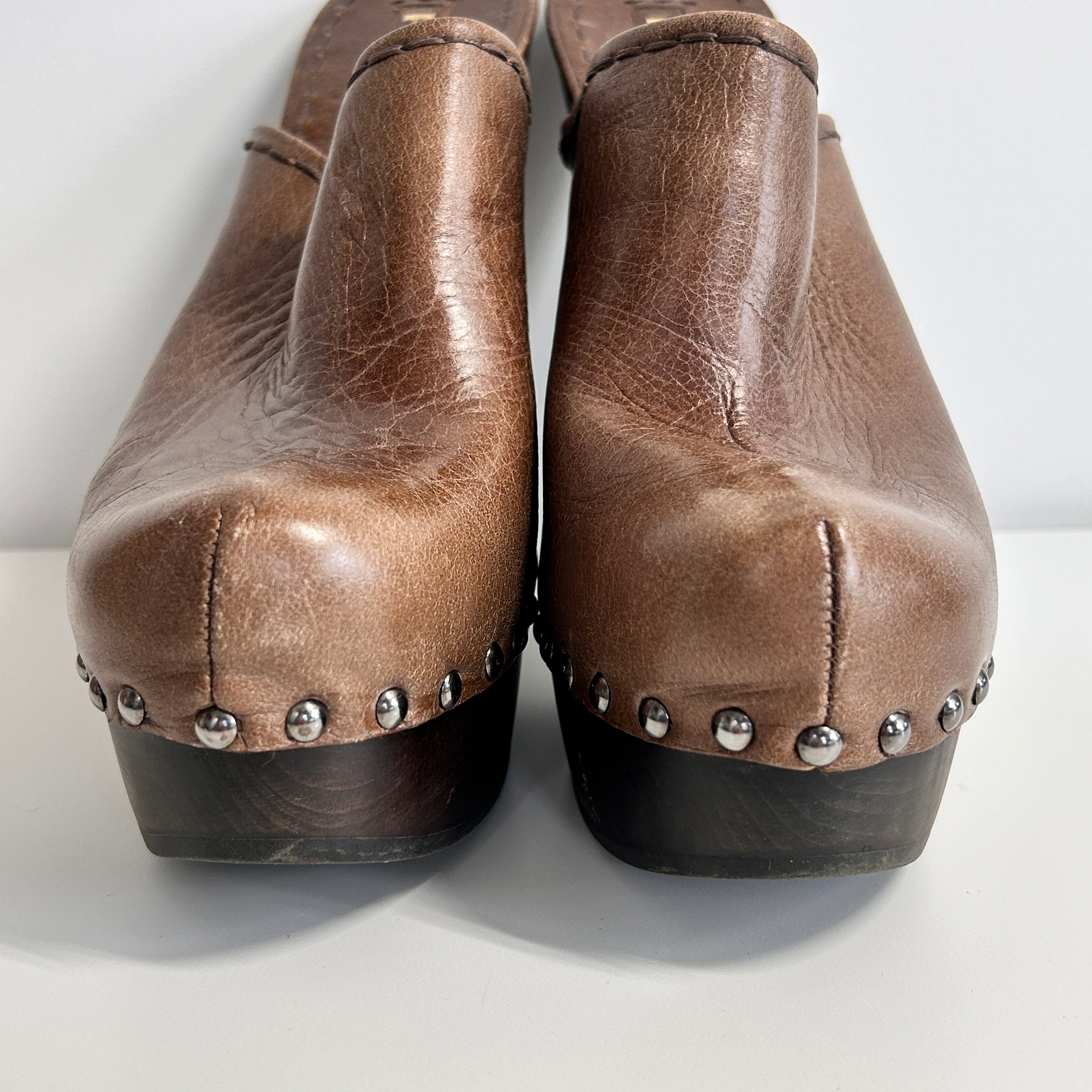 Brown Leather Studded Accents Mules