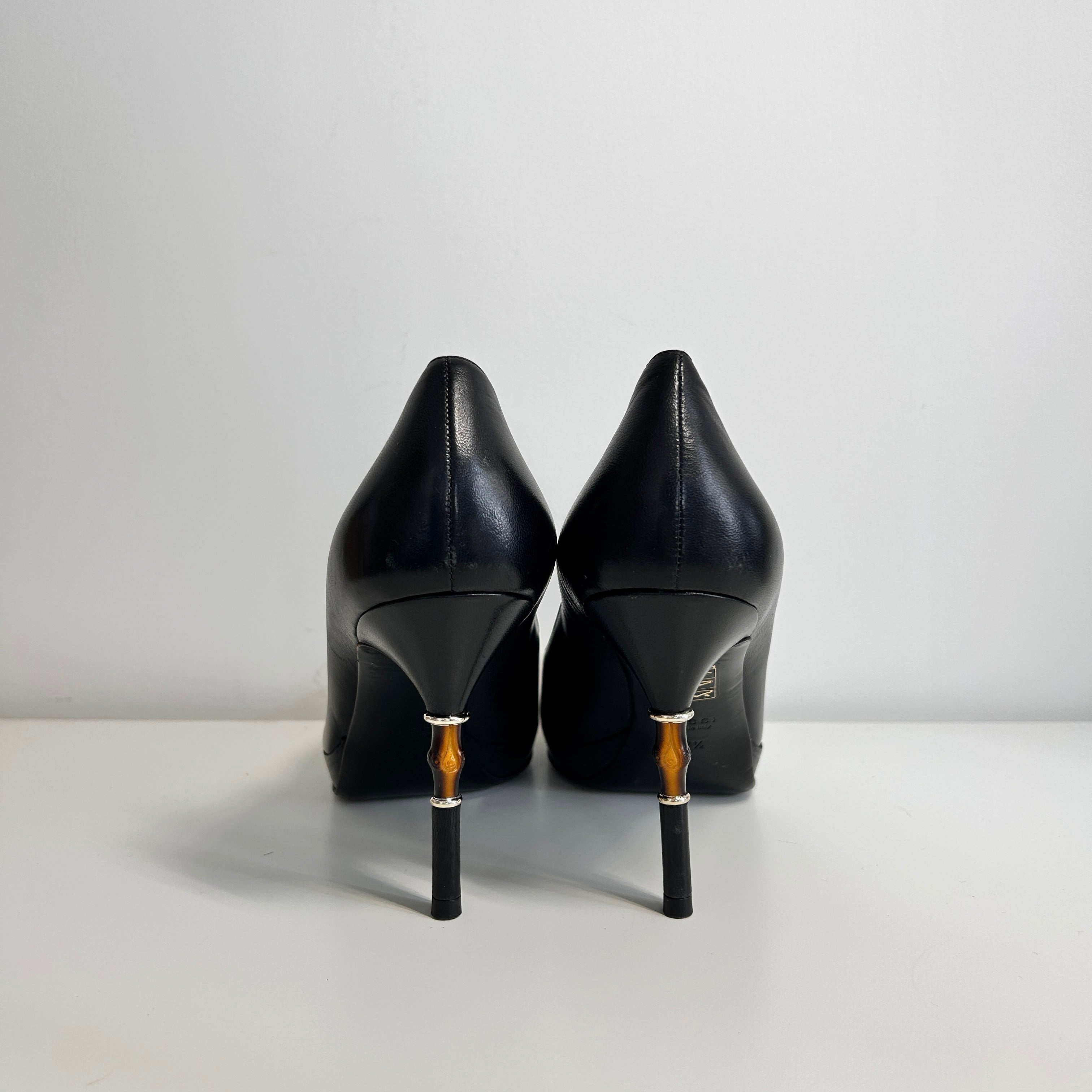 Black Leather Bamboo Accent Pumps